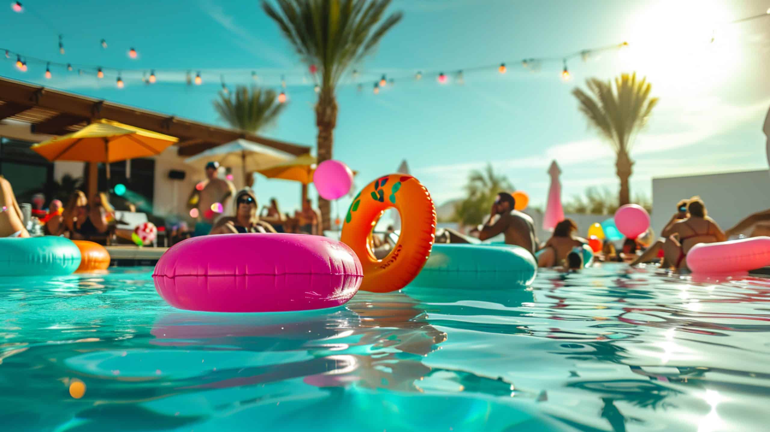 Evenimente Corporate 10 lively pool party scene with vibrant inflatables upbeat music guests enjoying sun scaled 1