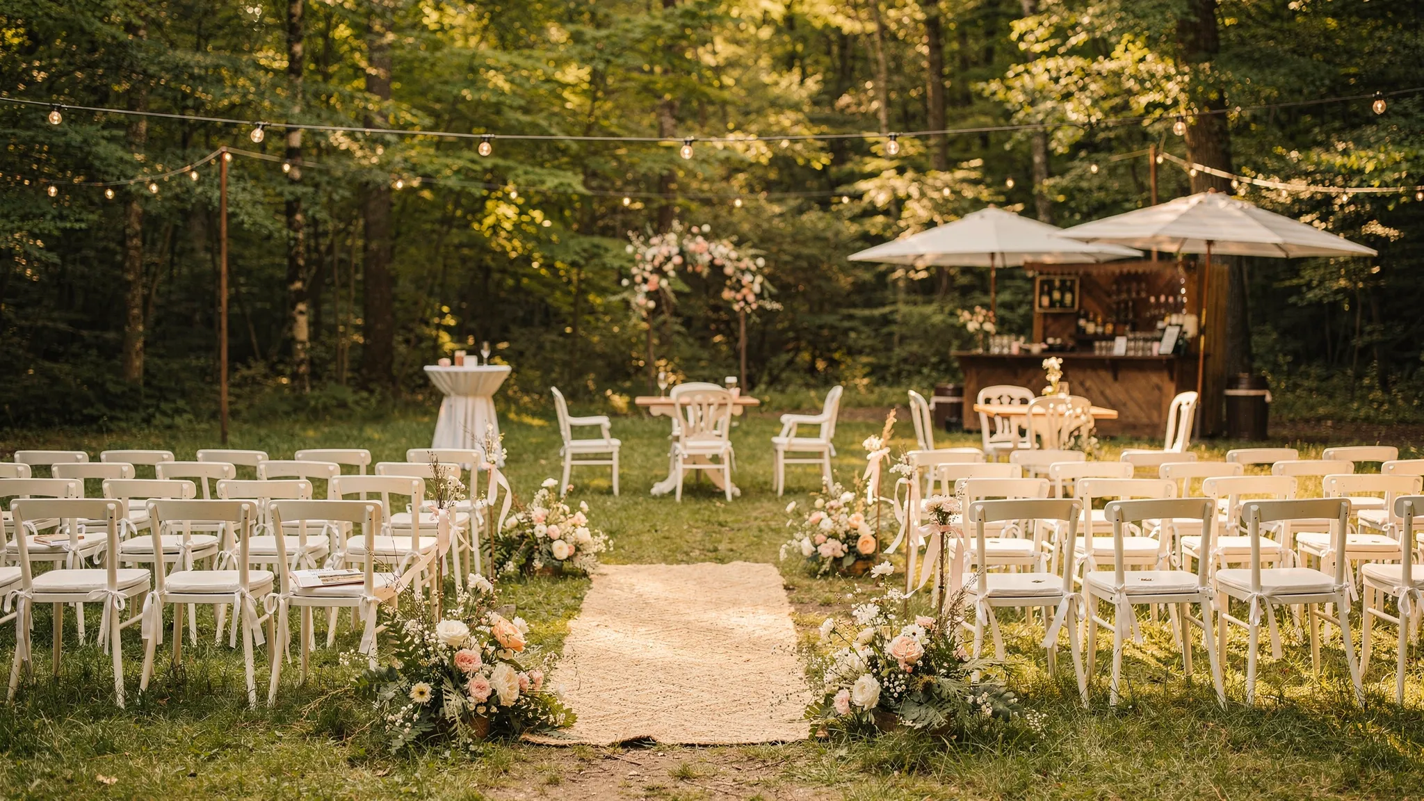 Organizare nuntă în aer liber: pași simpli și greșeli de evitat 2 Ceremonie de nuntă în aer liber într-o poiană, cu alee decorată cu flori, scaune albe aranjate în semicerc și lumini calde tip ghirlandă între copaci; în fundal se vede o zonă de cocktail cu umbrele și un colț de bar.
