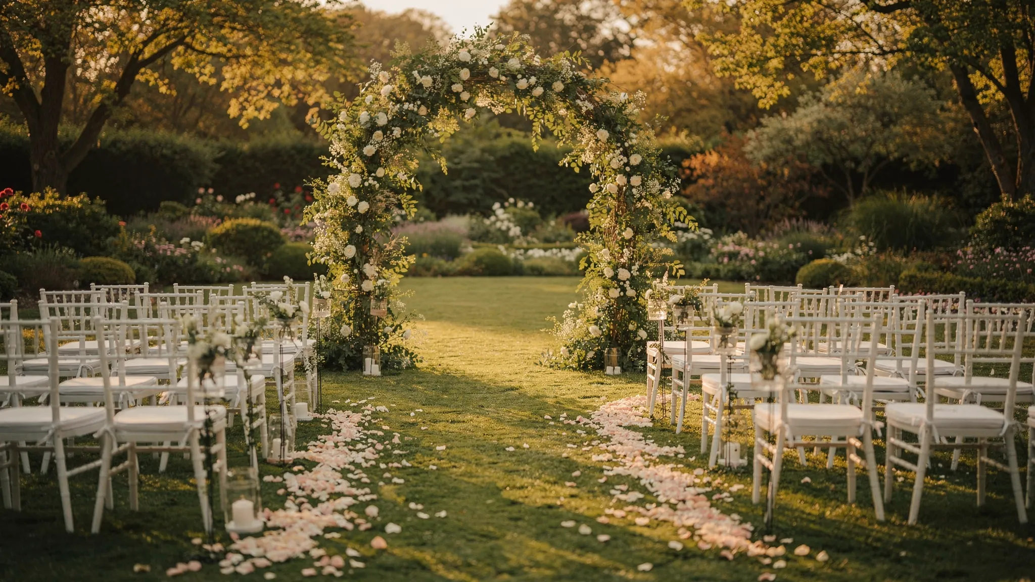 Ceremonie de nuntă în grădină la apus, cu arc floral organic din verdeață și flori albe, scaune aranjate pe iarbă și o alee presărată cu petale.