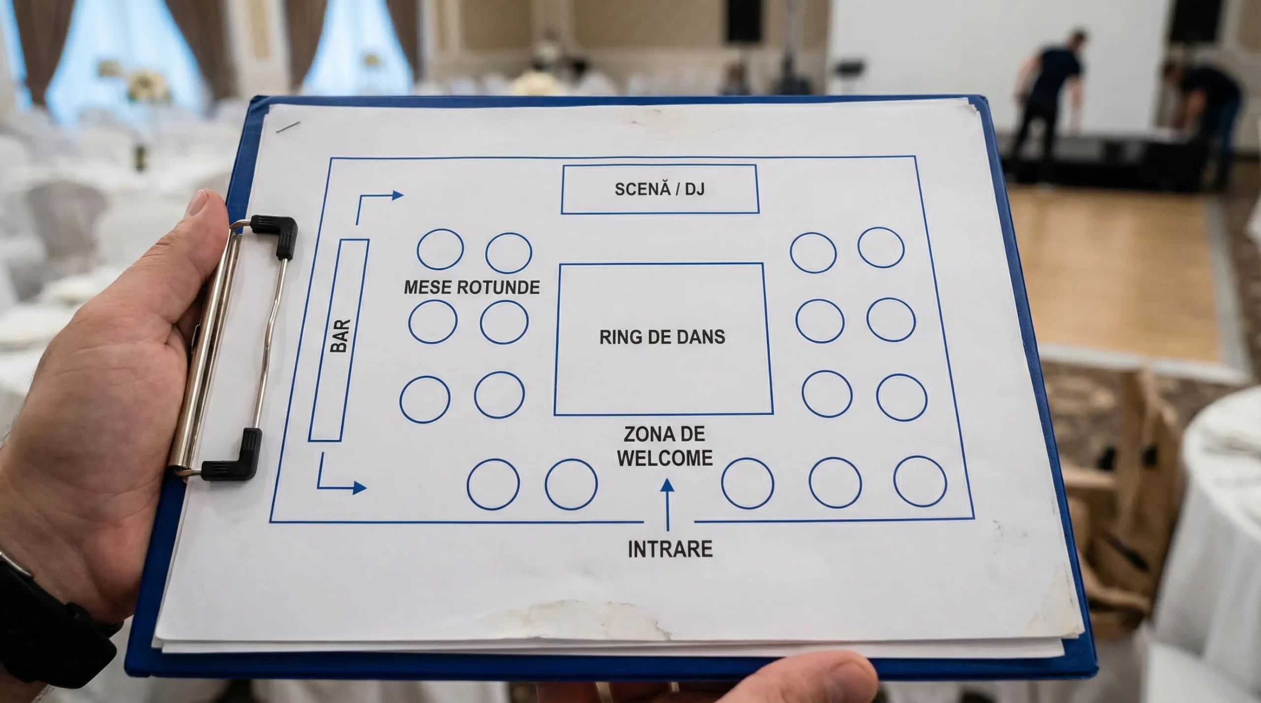 Diagramă simplă a unui layout de ballroom: intrare cu zonă de welcome, mese rotunde, ring de dans central, scenă/DJ pe latura scurtă și bar poziționat lateral pentru flux bun.