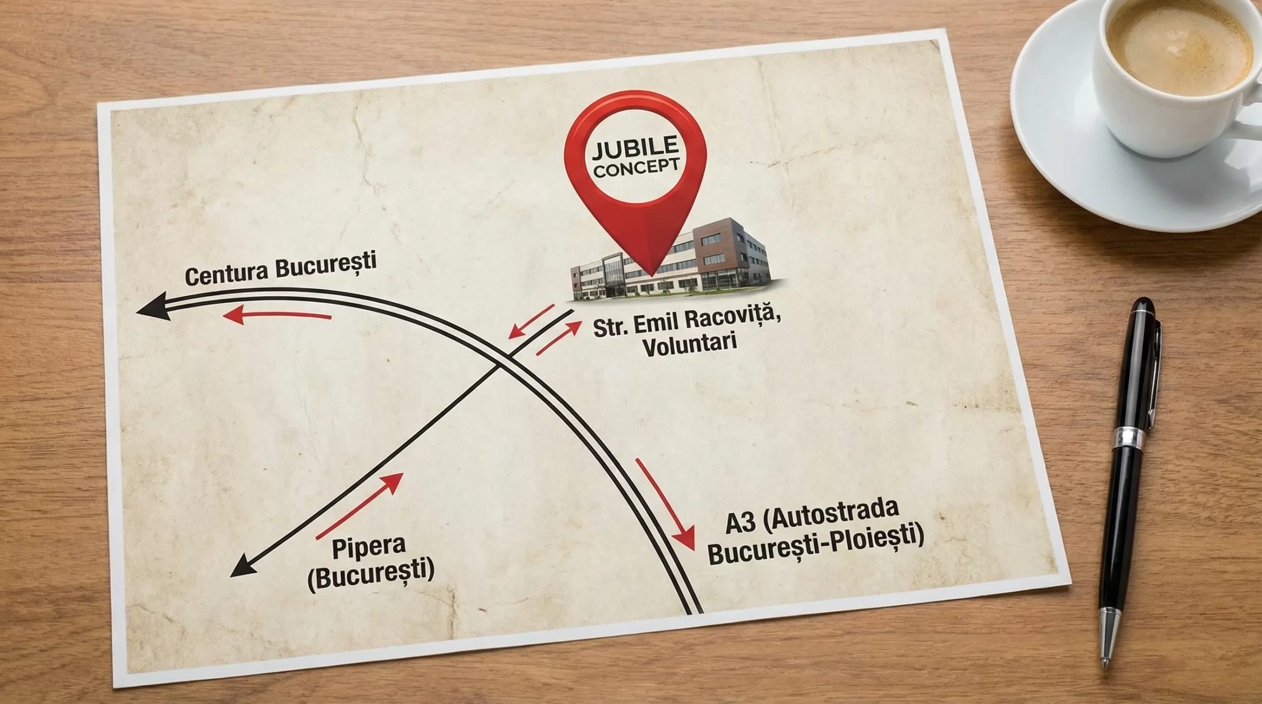 Ilustrație tip hartă cu pin de locație pe „Jubile Concept”, marcând Str. Emil Racoviță în Voluntari și rute de acces din București (A3, Centura, Pipera).