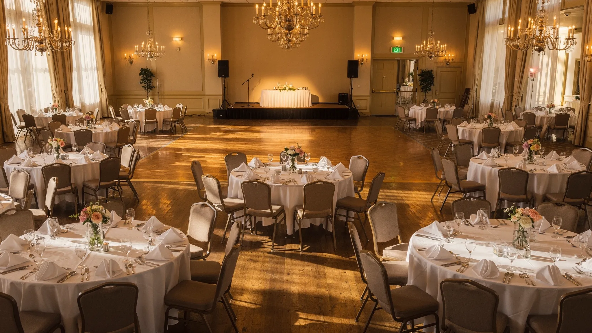Interior de restaurant ballroom elegant, pregătit pentru un eveniment: mese rotunde cu aranjamente florale, ring de dans central, lumini calde, scenă discretă și spații de circulație clare.