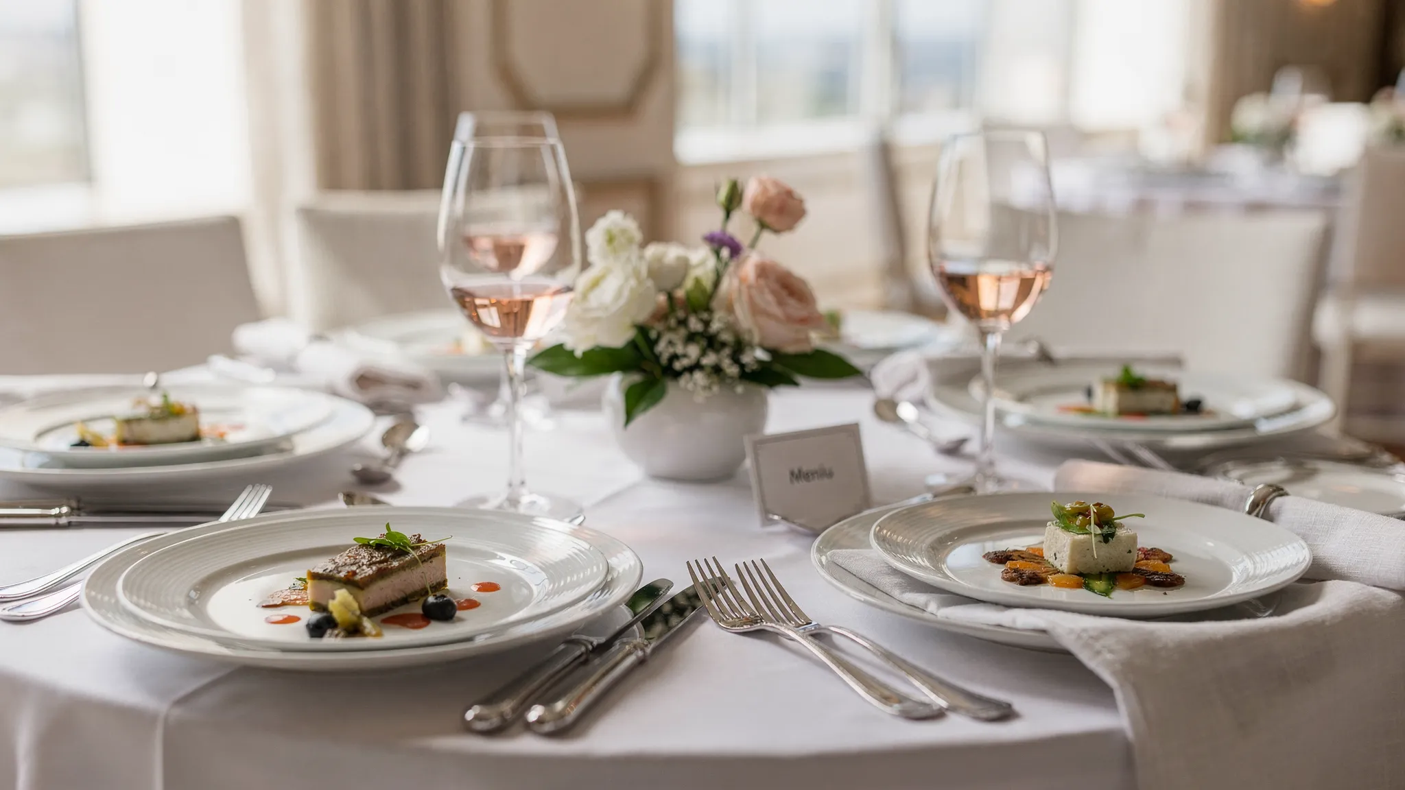 Masă elegantă de eveniment cu farfurii servite (plated), aranjament floral minimalist, meniuri tipărite și pahare de vin, într-un spațiu luminos, premium, cu fundal discret.