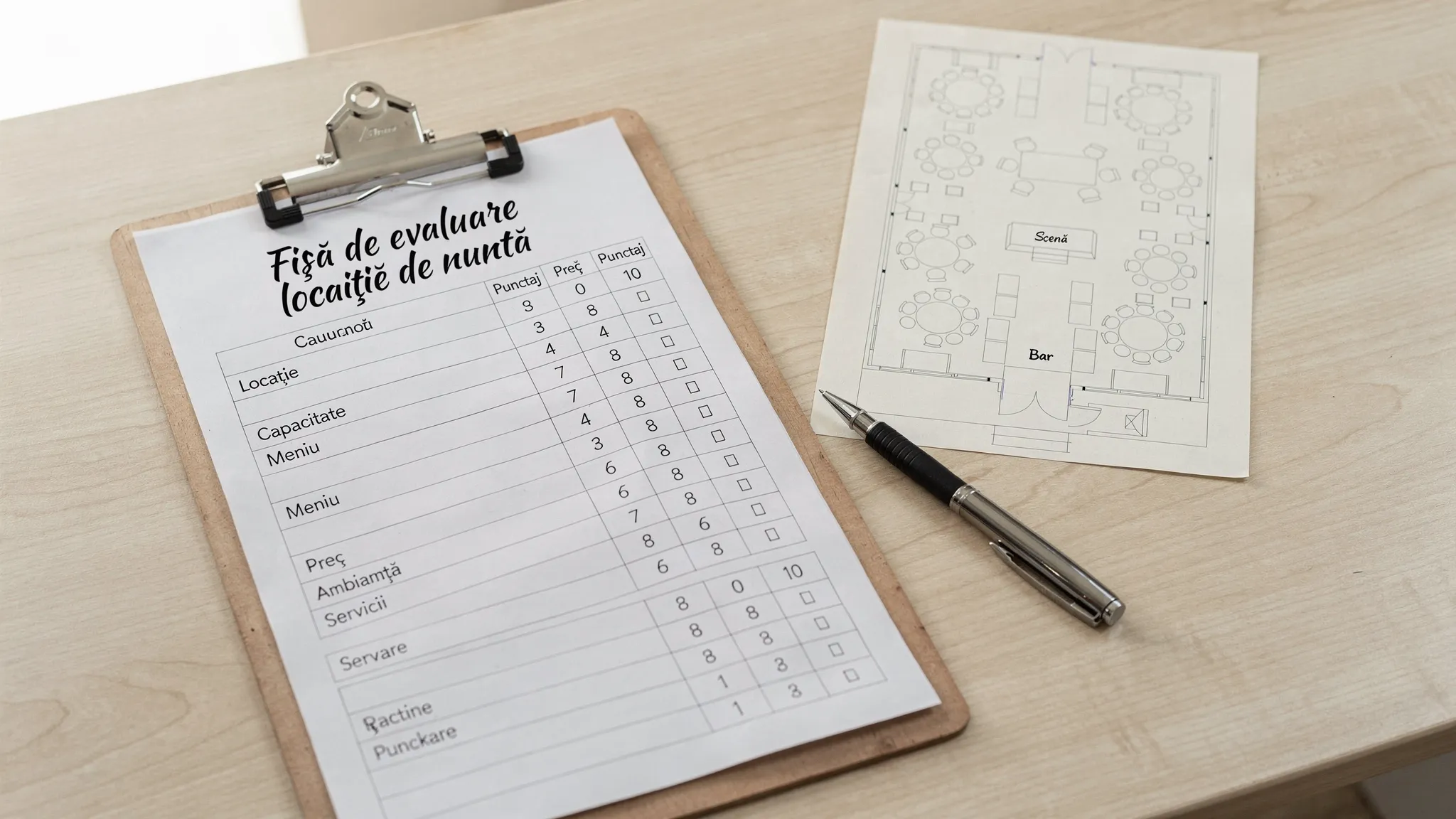 Locații nuntă București: top criterii pentru o alegere sigură 3 O fișă de evaluare pentru locații de nuntă pe un clipboard, cu criterii și punctaje, lângă un plan simplu de sală și un pix.