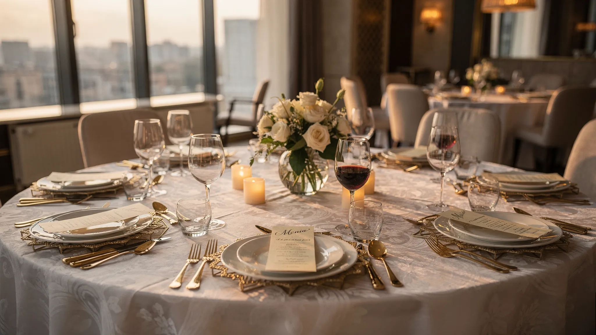 Meniu nuntă Jubile Concept: idei de personalizare pentru invitați 3 O masă de nuntă elegantă cu farfurii fine dining, carduri de meniu personalizate, aranjament floral minimalist și lumină caldă de seară, într-o atmosferă premium.