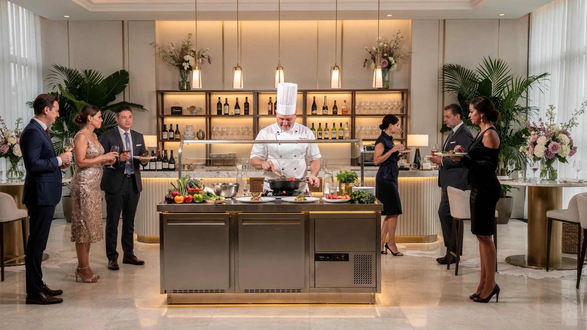 Meniu nuntă Jubile Concept: idei de personalizare pentru invitați 2 O zonă elegantă de eveniment cu stație de live cooking și un bar tematic, invitați socializând în jurul insulei culinare, lumină caldă, decor premium și prezentare rafinată.