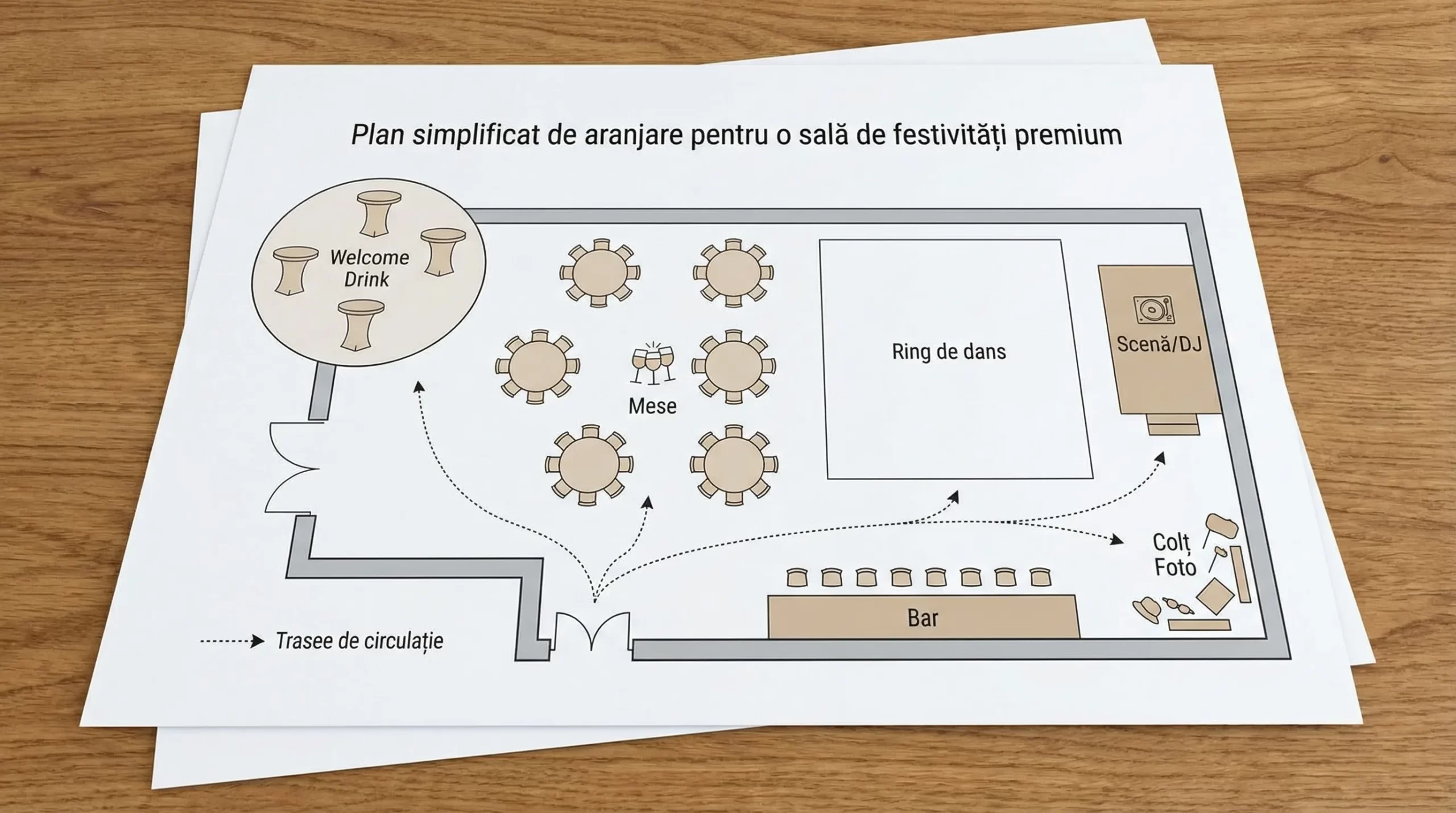 Sală de festivități: ghid de alegere pentru evenimente premium 2 Plan simplificat de aranjare pentru o sală de festivități premium, cu zone marcate pentru welcome drink, mese, ring de dans, scenă/DJ, bar și colț foto, plus trasee de circulație pentru invitați.