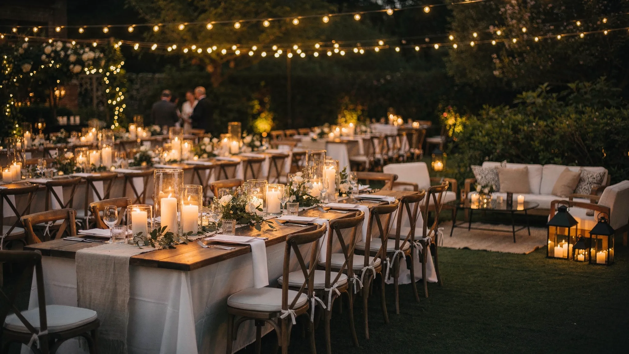 Recepție de nuntă în grădină seara, cu mese lungi sub ghirlande luminoase, lumânări în cilindri de sticlă și un lounge corner cu felinare.
