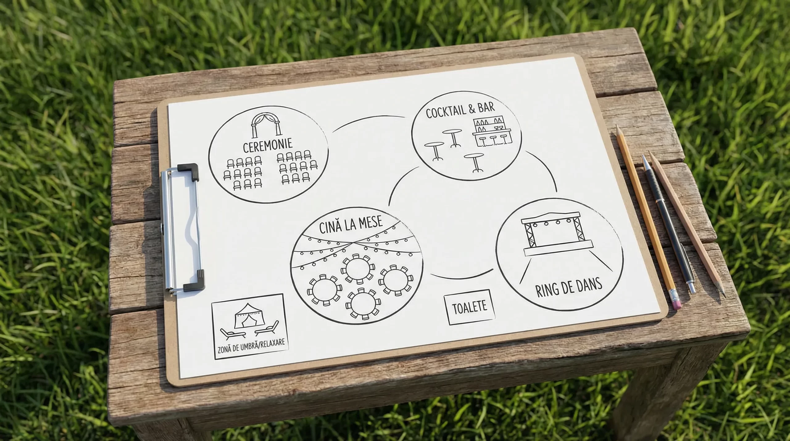 Organizare nuntă în aer liber: pași simpli și greșeli de evitat 3 Schemă simplă de layout pentru nuntă în aer liber cu patru zone conectate prin alei: Ceremonie, Cocktail & Bar, Cină la mese și Ring de dans; include marcaje pentru toalete și o zonă de umbră/relaxare.