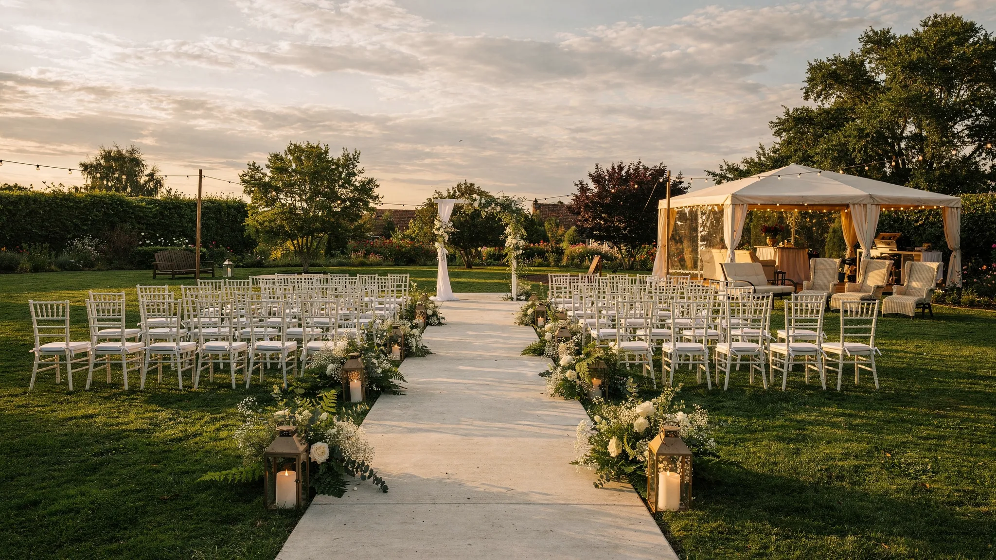 Ceremonie de nuntă în aer liber cu scaune aranjate pe gazon, cer parțial noros, iar în lateral se vede o zonă acoperită discret pregătită ca variantă de back-up pentru ploaie, cu alee uscată și iluminat cald.