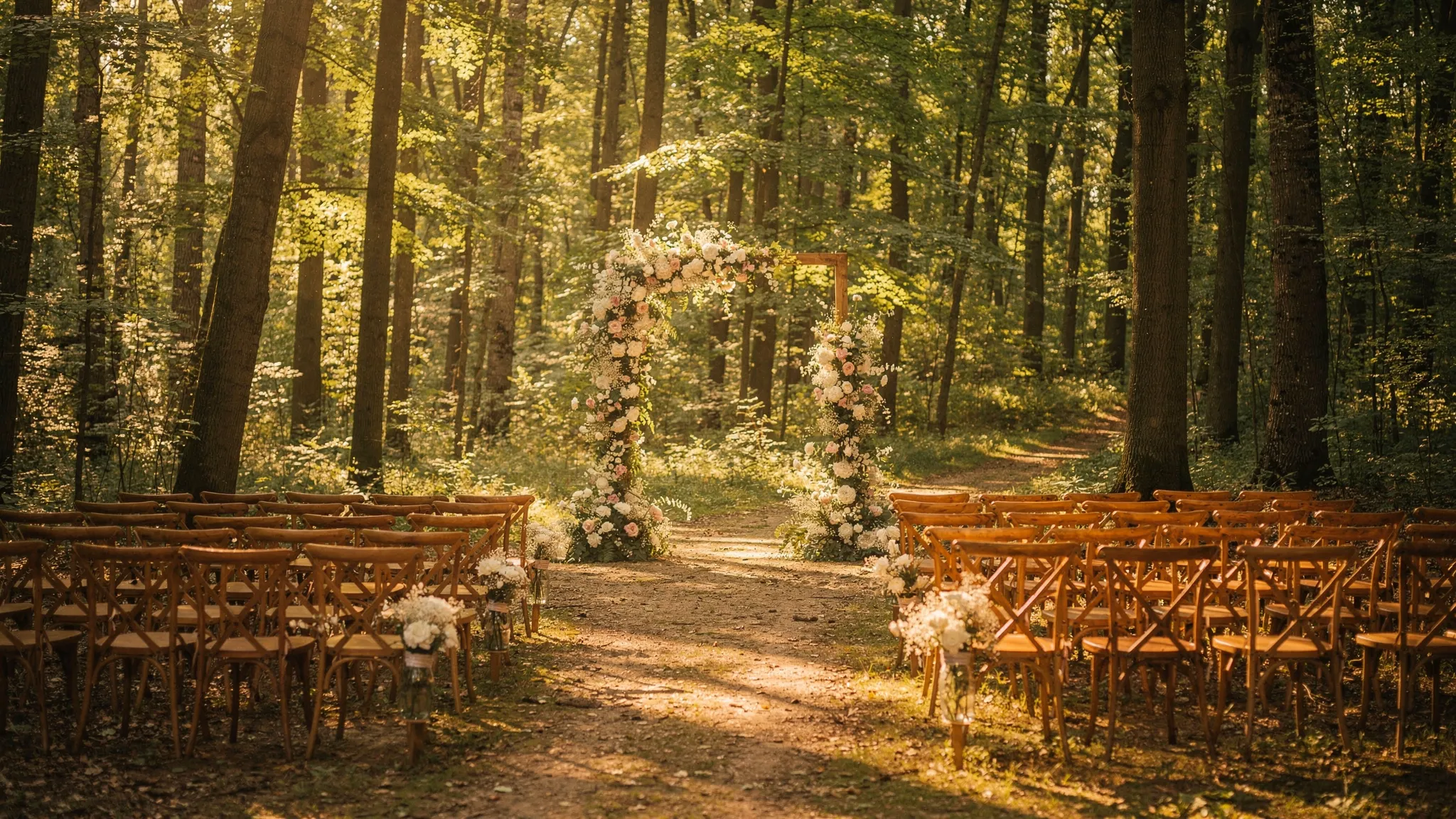 Ceremonie de nuntă în pădure la Snagov, cu arc floral minimalist, scaune aliniate pe o alee naturală, lumină de după-amiază filtrată printre copaci și un culoar pentru intrarea mirilor.