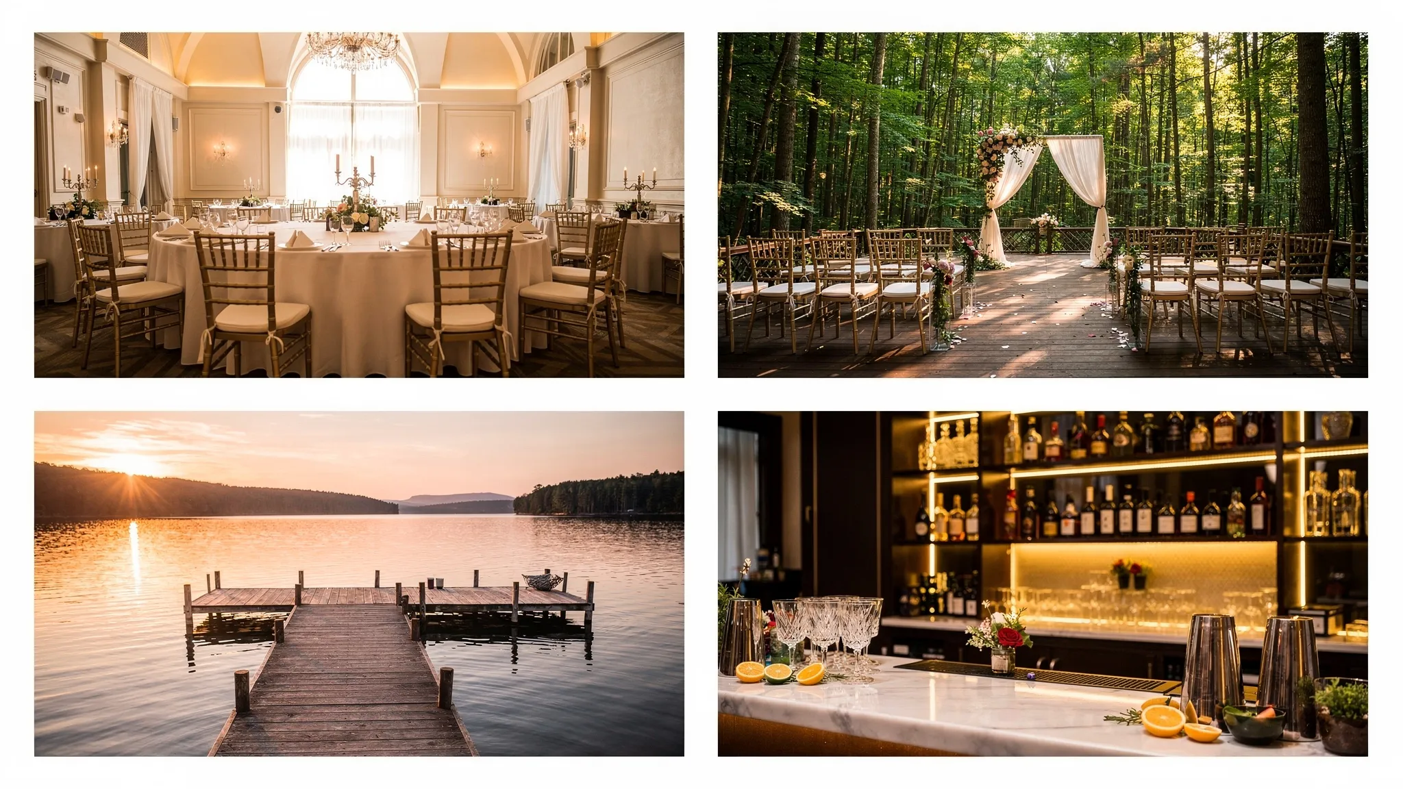 Restaurant Jubile: locații, meniuri și opțiuni de bar tematic 2 Colaj cu patru cadre: o sală elegantă de evenimente cu mese rotunde și lumini calde, o terasă în pădure pregătită pentru ceremonie, un ponton pe lac la apus și un bar tematic cu sticle și garnituri premium.