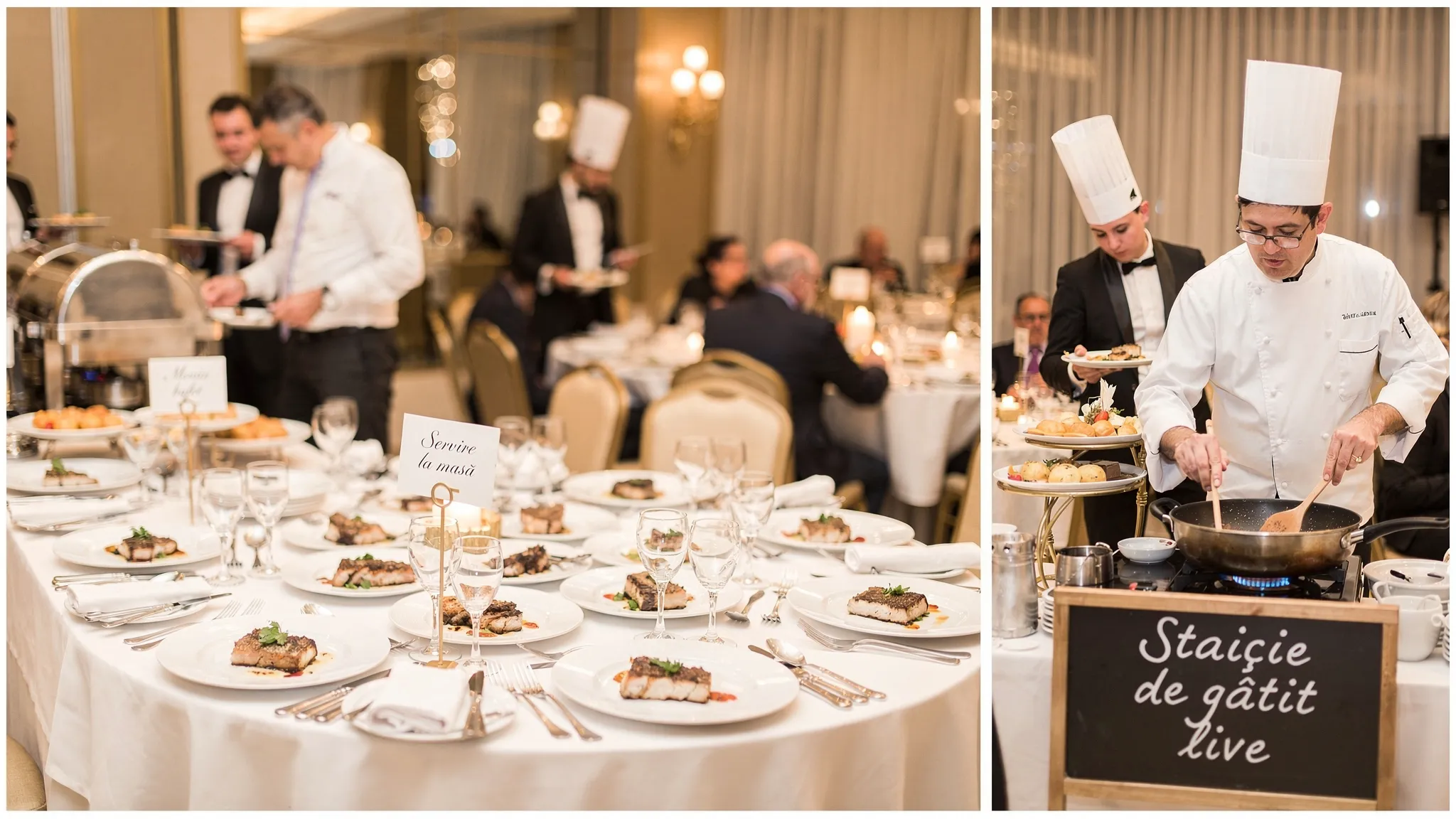 Meniu Jubile Concept: bufet vs plated vs mixed, pe scurt 2 Colaj cu trei cadre dintr-un eveniment: un bufet elegant cu plating uniform, o masă servită plated cu farfurii identice și un setup mixed cu stație de live cooking și mese cu servire la masă.