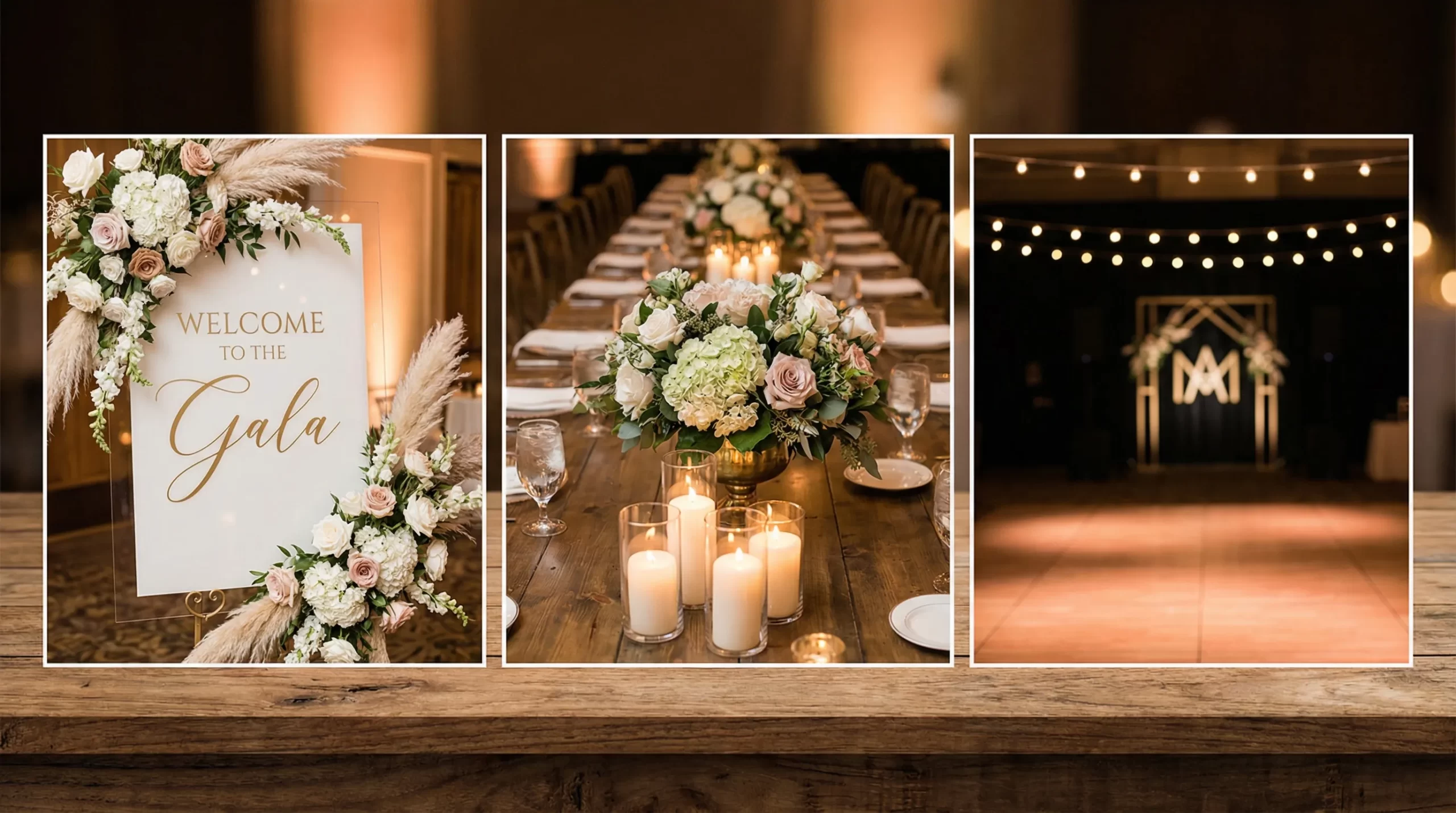 Jubile Concept Pipera: spații, flow-ul serii și idei de decor 3 Colaj ilustrativ cu trei idei de decor pentru evenimente premium: (1) zonă de welcome cu panou personalizat și flori aerisite, (2) masă cu lumânări grupate și aranjament central elegant, (3) ring de dans luminat cald cu un element statement discret în fundal.