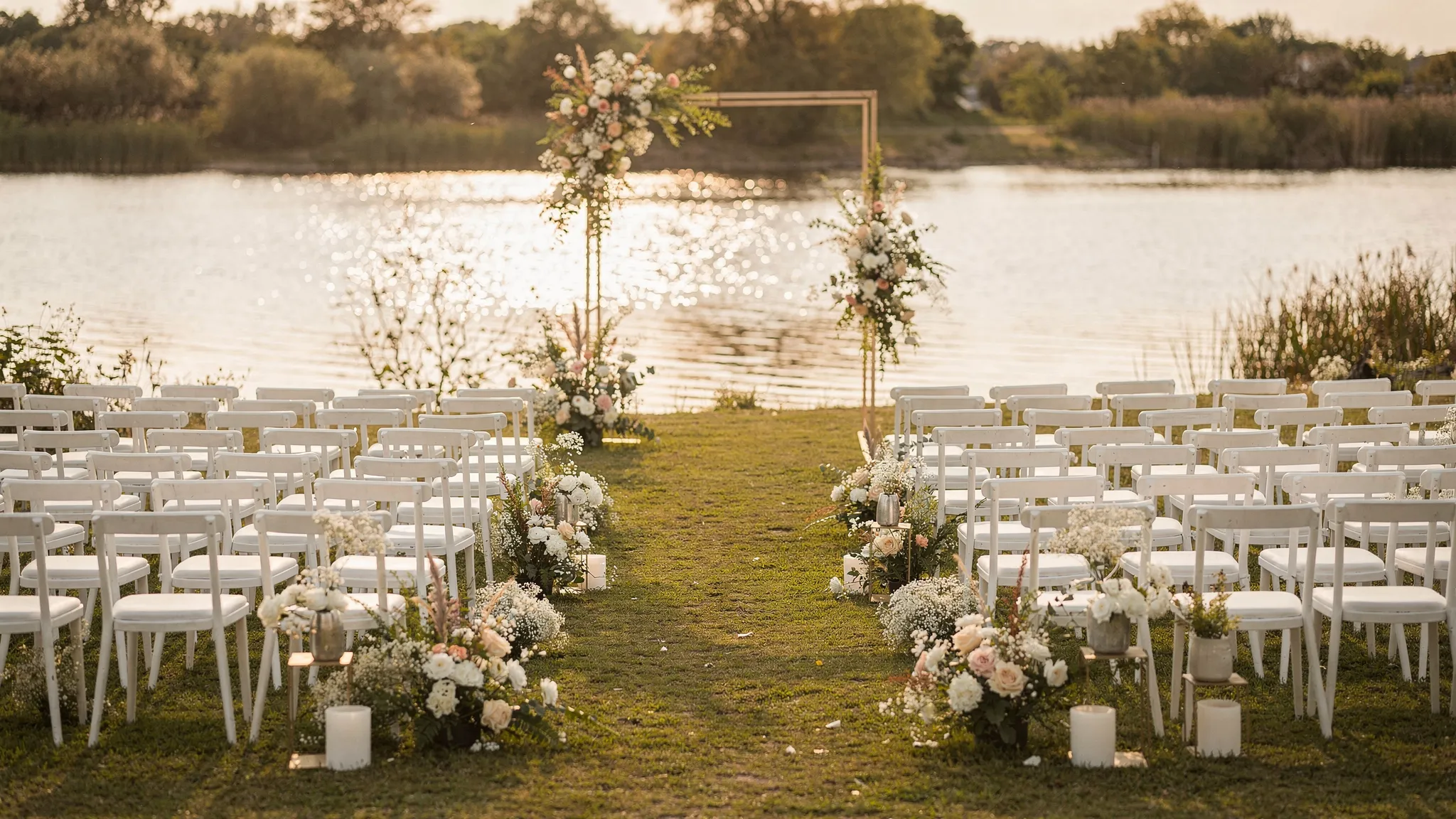 Decor de ceremonie la malul lacului, cu aranjamente florale elegante, scaune aliniate și un culoar către un arc minimalist, iar în fundal se vede luciul apei și vegetație naturală.