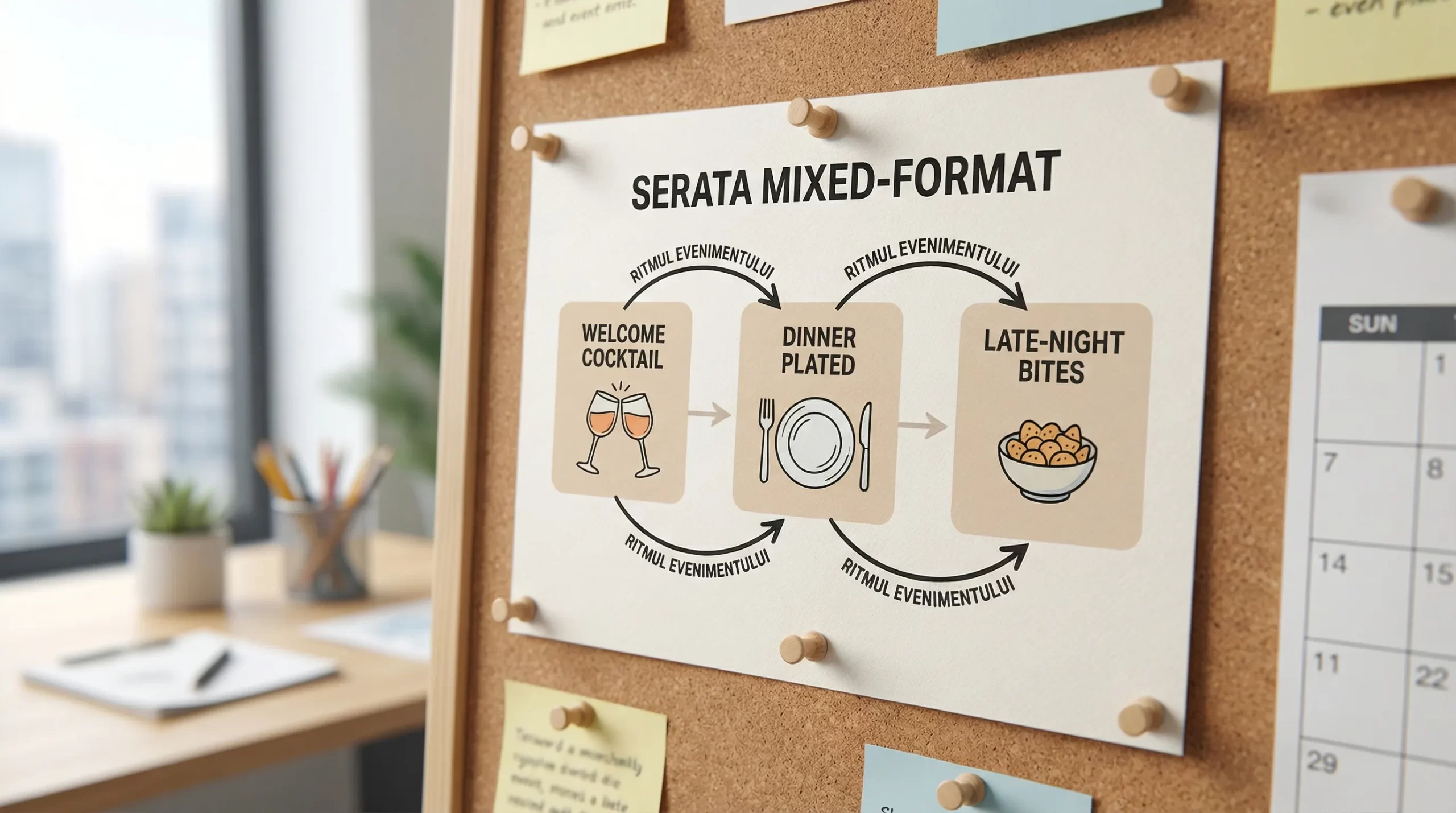 Meniu Jubile Concept: bufet vs plated vs mixed, pe scurt 3 Diagramă simplă cu trei etape ale unei seri în format mixed: welcome cocktail, dinner plated, late-night bites, conectate de o săgeată a ritmului evenimentului.