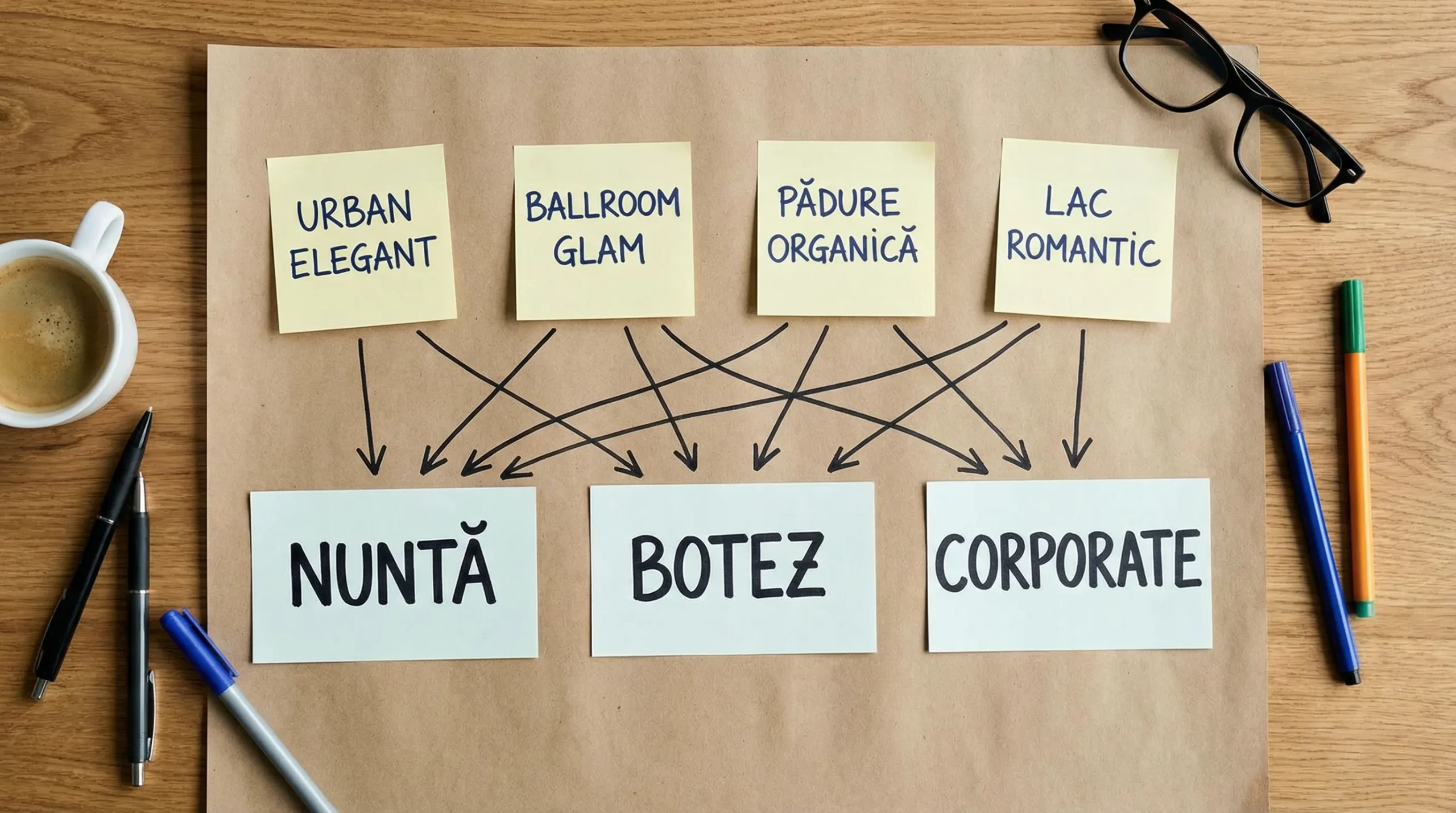 Jubile București: care locație se potrivește stilului tău 3 Diagramă simplă de decizie cu 4 casete: Urban elegant, Ballroom glam, Pădure organică, Lac romantic, cu săgeți către „Nuntă”, „Botez” și „Corporate”.