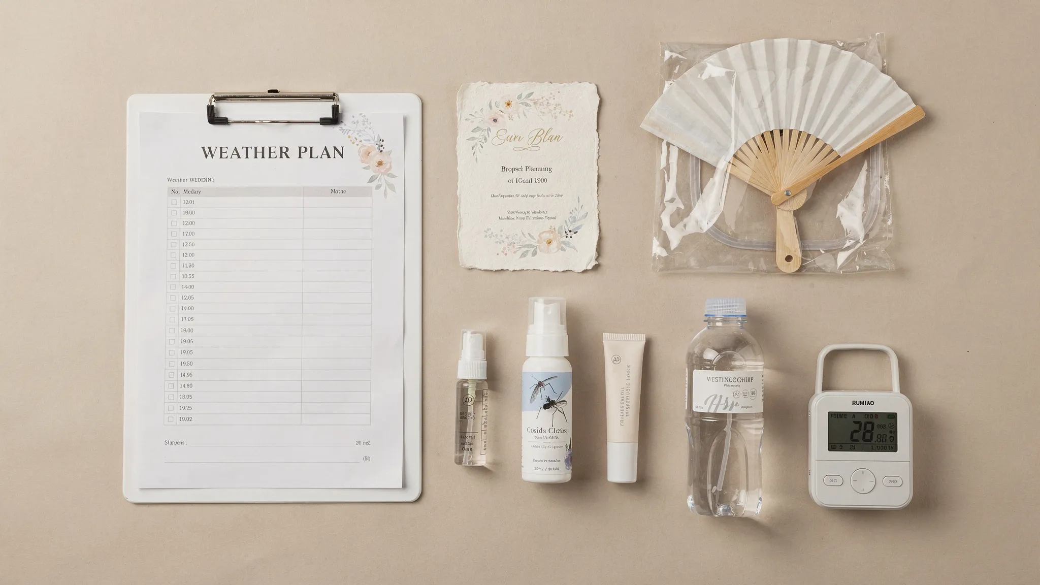 Flat lay cu un clipboard „Weather Plan” lângă o invitație de nuntă, o pelerină transparentă elegantă, mini-spray anti-insecte, evantai, sticlă de apă și o stație meteo portabilă, pe un fundal neutru.