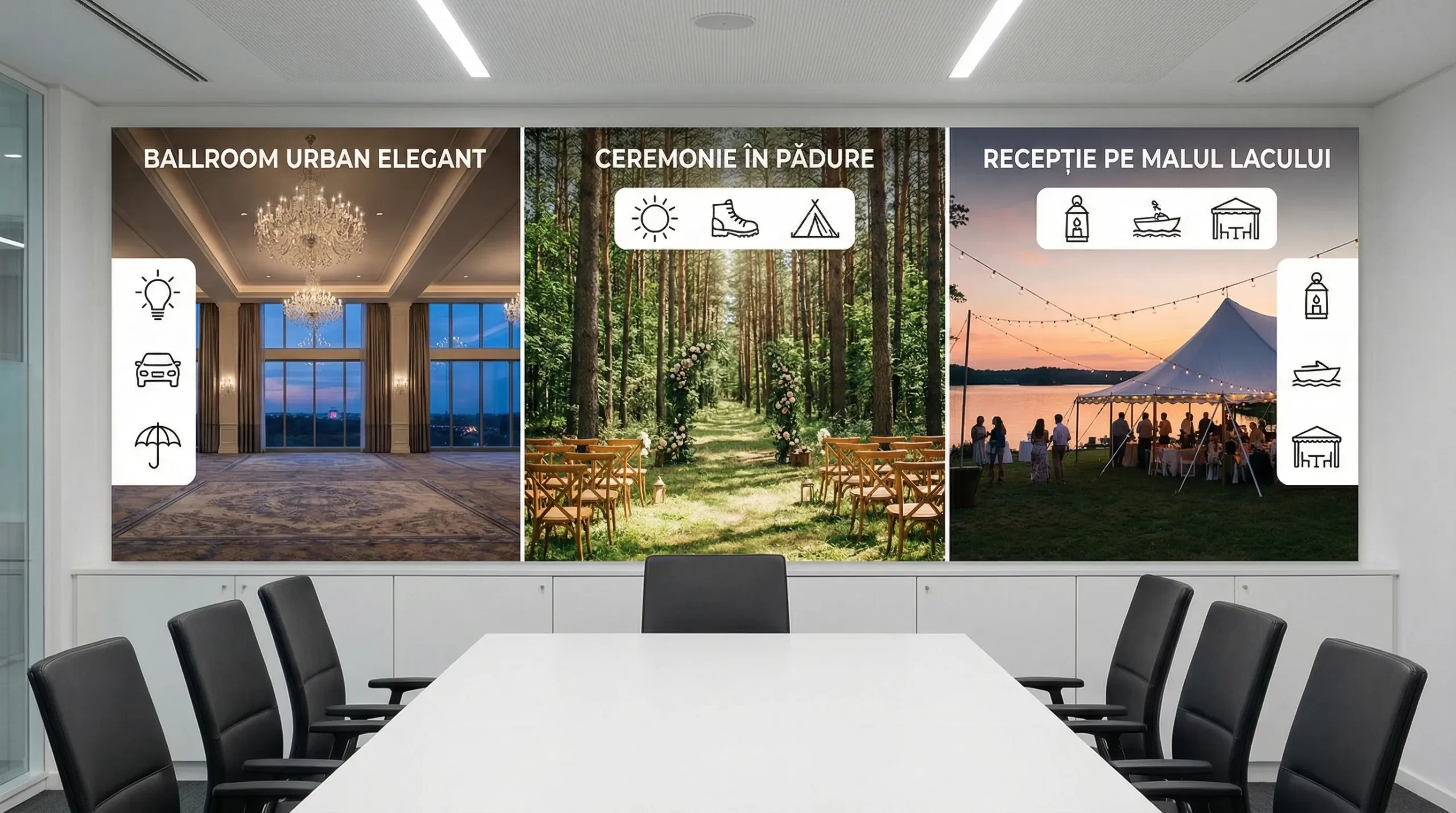 Locații evenimente București: ghid rapid pentru o alegere premium 2 Ilustrație comparativă a trei stiluri de locații premium pentru evenimente: ballroom urban elegant, ceremonie în pădure și recepție pe malul unui lac, cu iconițe simple pentru lumină, acces și plan B.