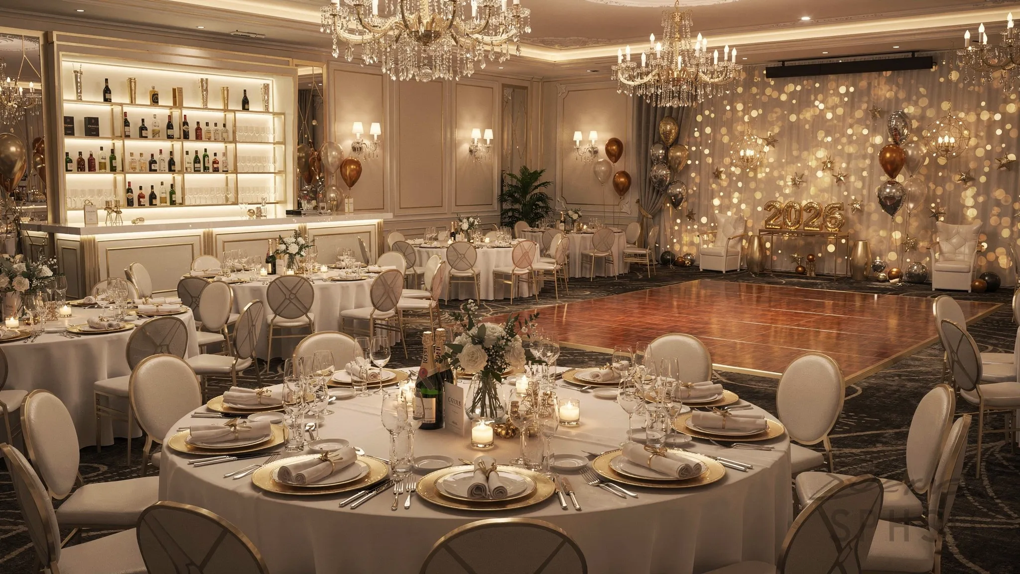 Interior de sală de evenimente decorată elegant pentru Revelion, cu mese rotunde aranjate festiv, lumini calde, zonă de ring de dans și un bar iluminat, atmosferă premium de seară.