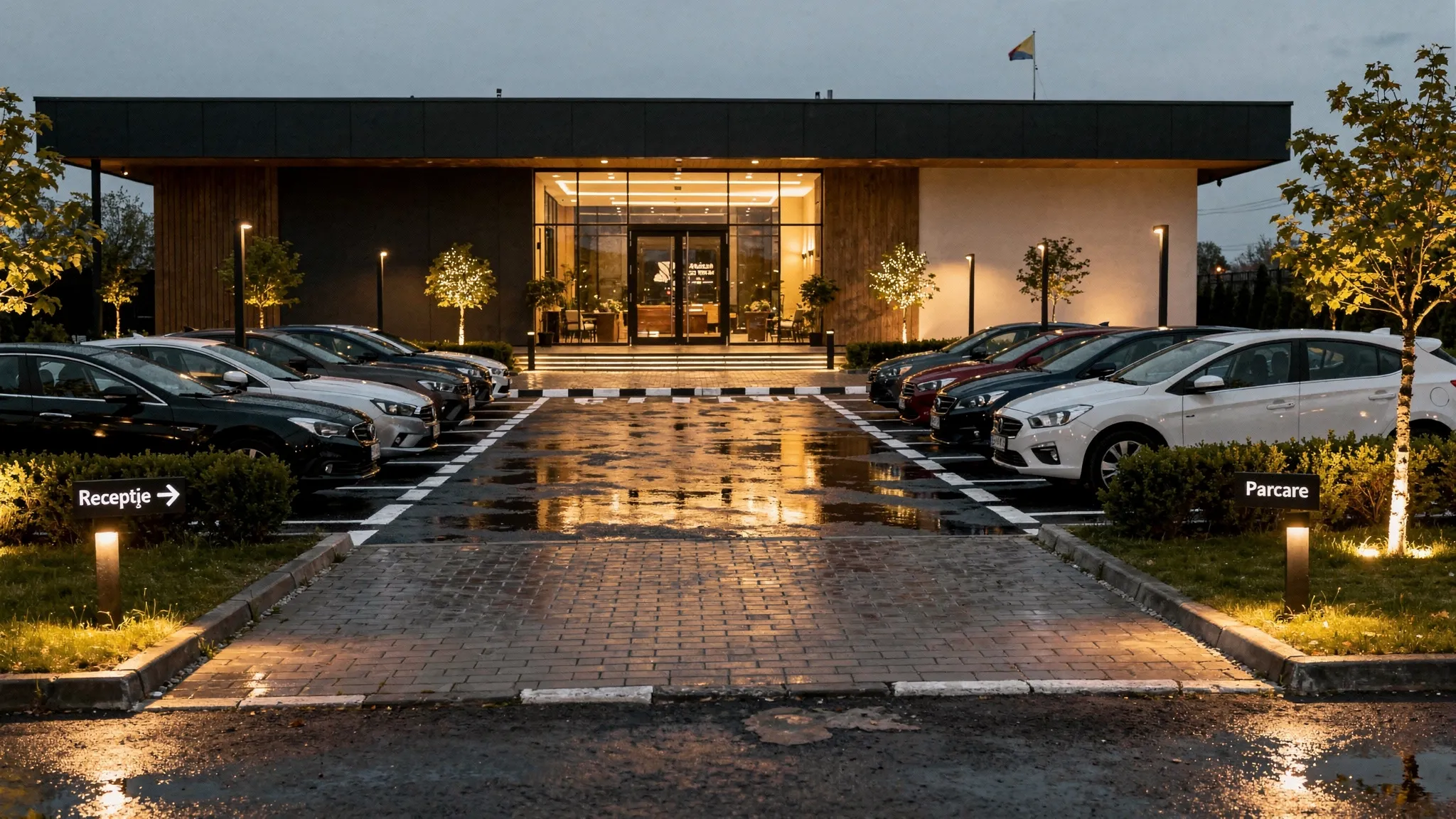 Intrarea unei locații de evenimente din Voluntari, seara, cu alee iluminată, indicatoare discrete către recepție și parcare, mașini parcate ordonat și o zonă de drop-off clar delimitată.