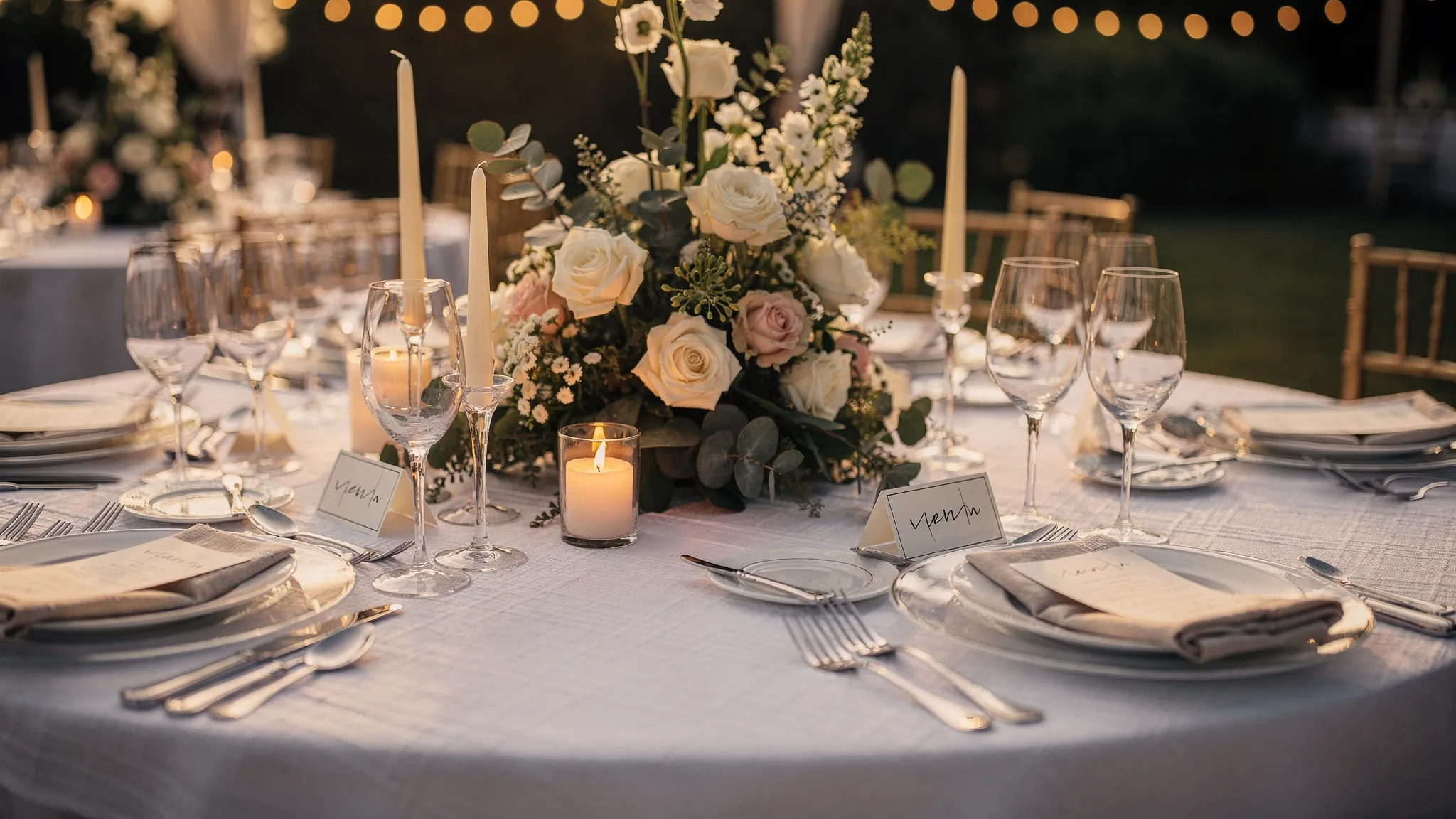 Jubile Concept fotografii: decoruri care arată bine în poze 3 Masă de nuntă elegantă fotografiată de aproape, cu față de masă din material dens, aranjament floral pe două înălțimi, lumânări în suporturi de sticlă și papetărie minimalistă; lumină caldă de seară pentru efect cinematic.