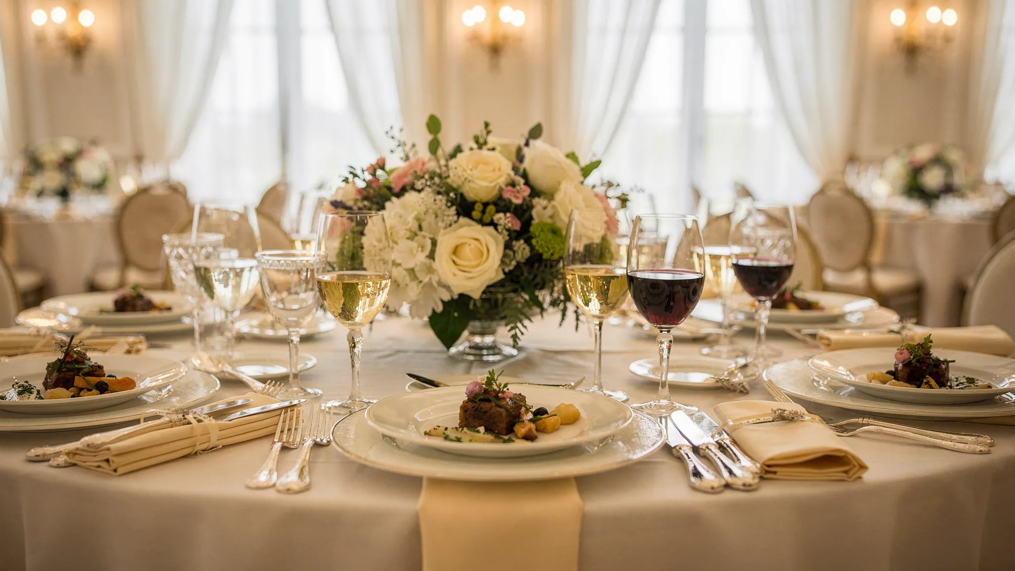Masă elegantă de nuntă cu farfurii servite tip plated, aranjament floral central și pahare de vin, într-un ballroom luminos.