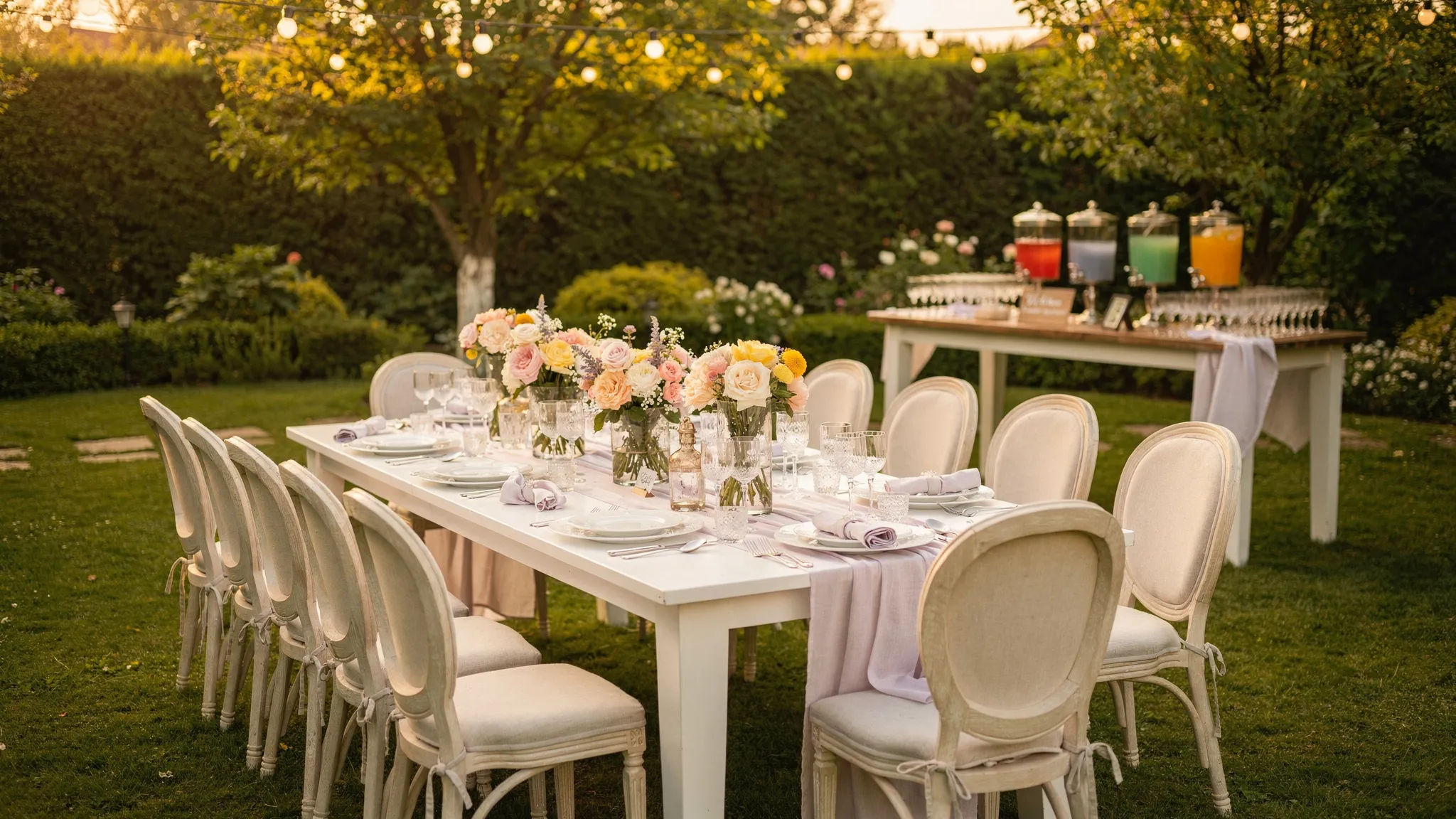 Masă elegantă pentru botez în grădină, cu aranjamente florale în culori pastel, scaune confortabile, luminițe ambientale și un colț de welcome drink în fundal, într-o locație verde din nordul Bucureștiului.