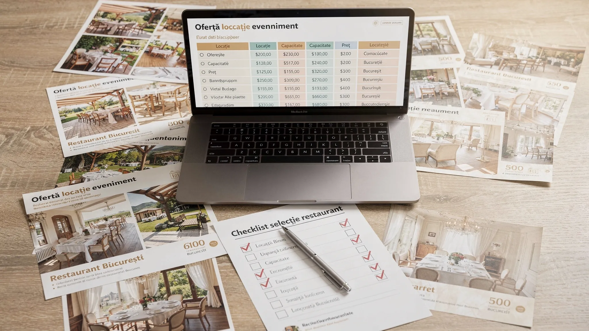 Restaurante evenimente București: cum compari oferte fără stres 2 O masă de lucru cu oferte tipărite pentru locații de evenimente, un laptop deschis cu un tabel de comparație, un pix și un checklist bifat, sugerând un proces de selecție organizat pentru restaurante evenimente în București.