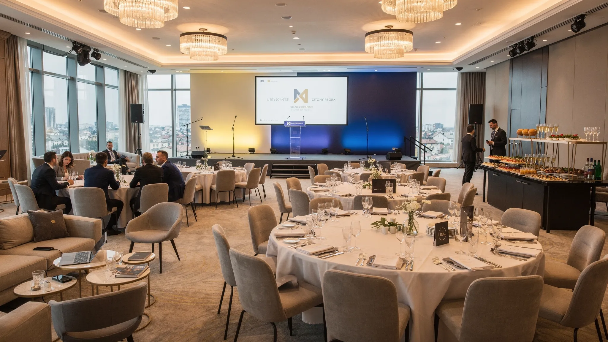 Evenimente corporate București: formate care impresionează 2 O sală elegantă pentru eveniment corporate în București, cu mese rotunde, scenă iluminată, zonă lounge pentru networking și stații de catering stil premium.
