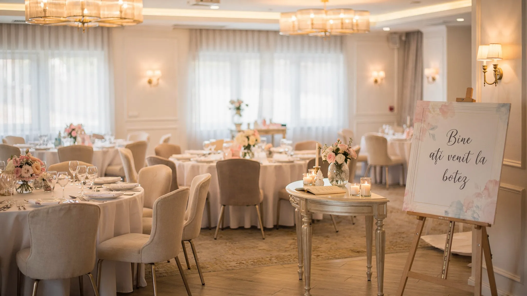 Local botez: 10 criterii ca să alegi fără compromisuri 2 O sală elegantă pregătită pentru botez, cu mese rotunde, aranjamente florale delicate în culori pastel, scaune confortabile, lumină caldă și un spațiu de primire a invitaților cu panou de bun venit.