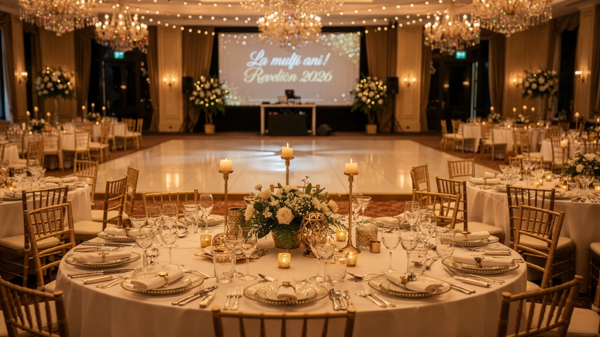 O sală elegantă pregătită pentru Revelion: mese rotunde cu aranjamente festive, lumini calde, ring de dans central și detalii aurii discrete, atmosferă premium de seară.