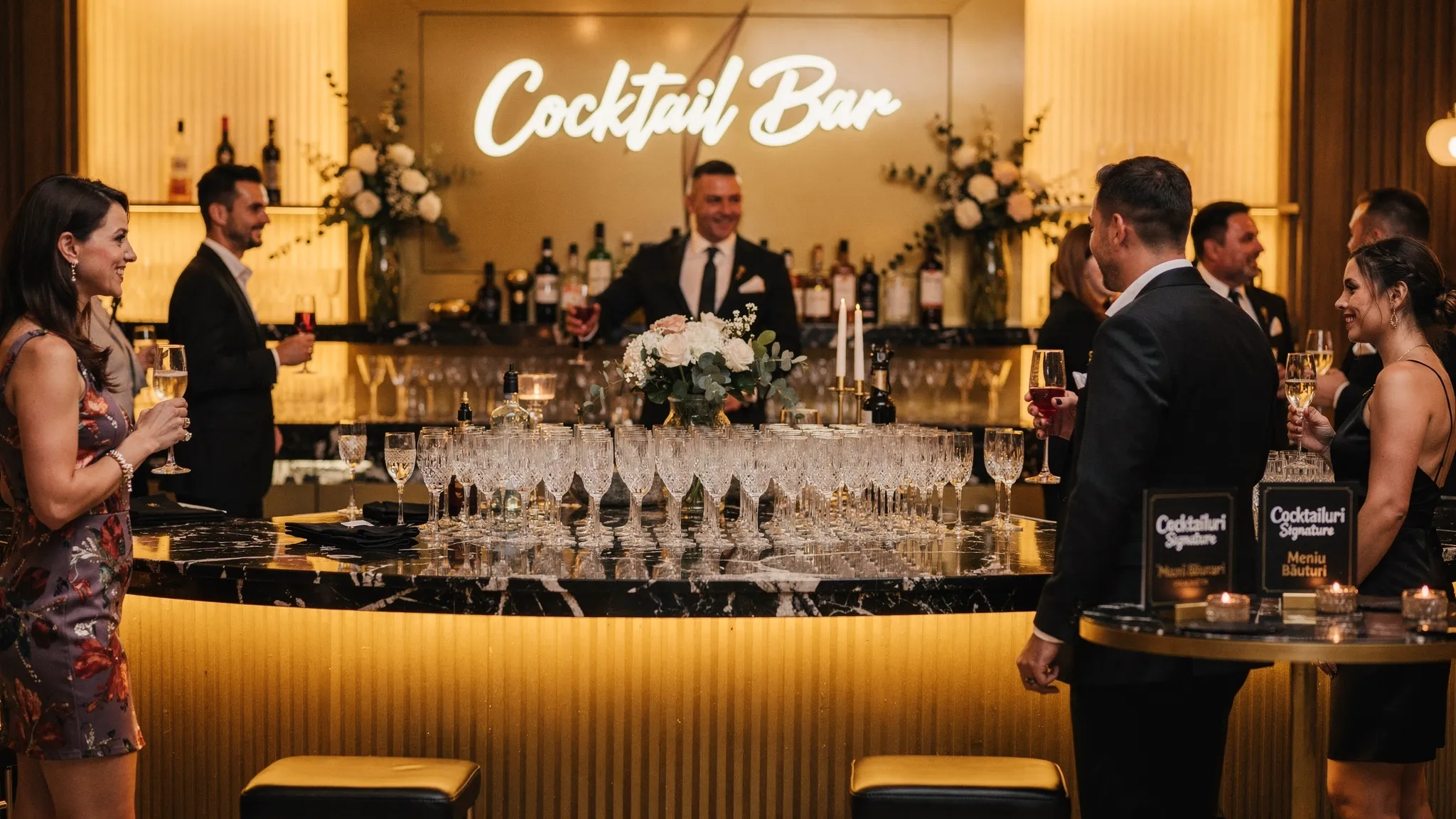 O zonă de cocktail la un eveniment: bar tematic, pahare aranjate, decor rafinat, lumini calde și invitați socializând într-un cadru premium.