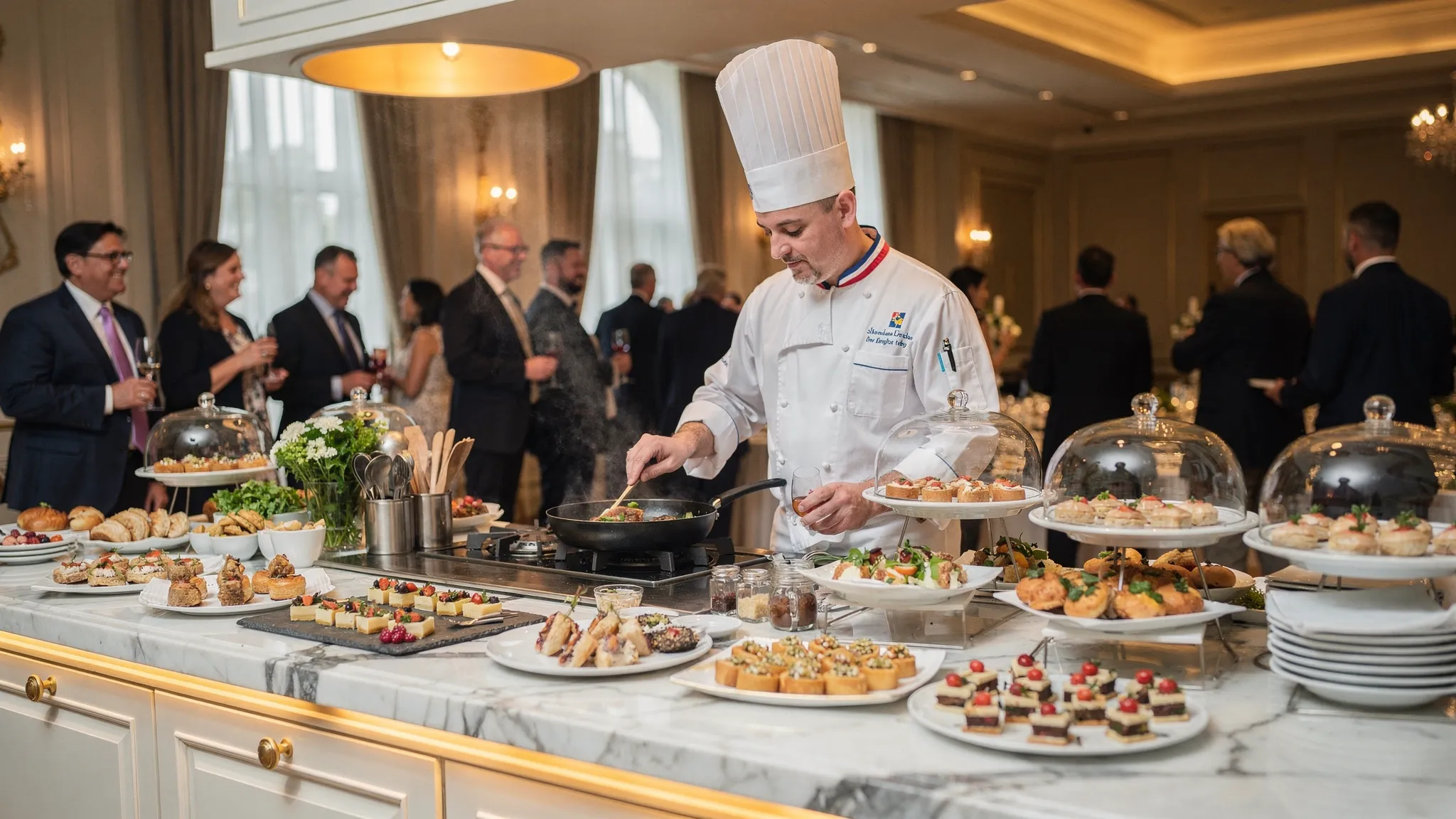 Meniu nuntă: cum alegi combinația perfectă pentru toate gusturile 3 O zonă de stație culinară la o nuntă, cu chef pregătind preparate la live cooking, platouri aranjate elegant și invitați în fundal interacționând, într-un spațiu premium de evenimente.