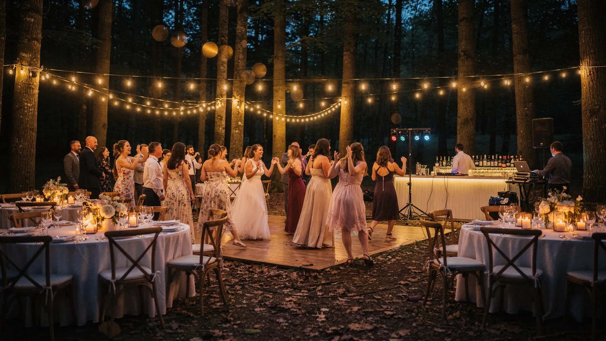 Petrecere de nuntă în pădure seara, cu lumini calde tip ghirlande printre copaci, ring de dans animat, mese elegante și un bar discret luminat în fundal.