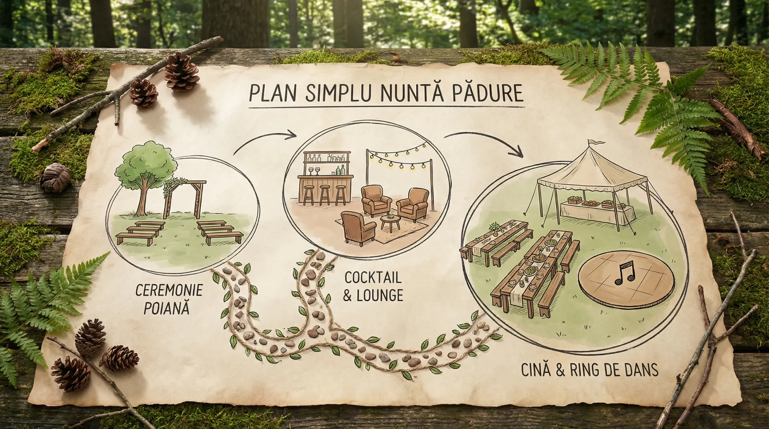 Nuntă în pădure: idei de decor și program care curge natural 3 Plan simplu de organizare pentru o nuntă în pădure, cu trei zone conectate prin alei: ceremonie în poiană, cocktail lângă bar și lounge, apoi zonă de cină și ring de dans, marcate clar cu iconițe.