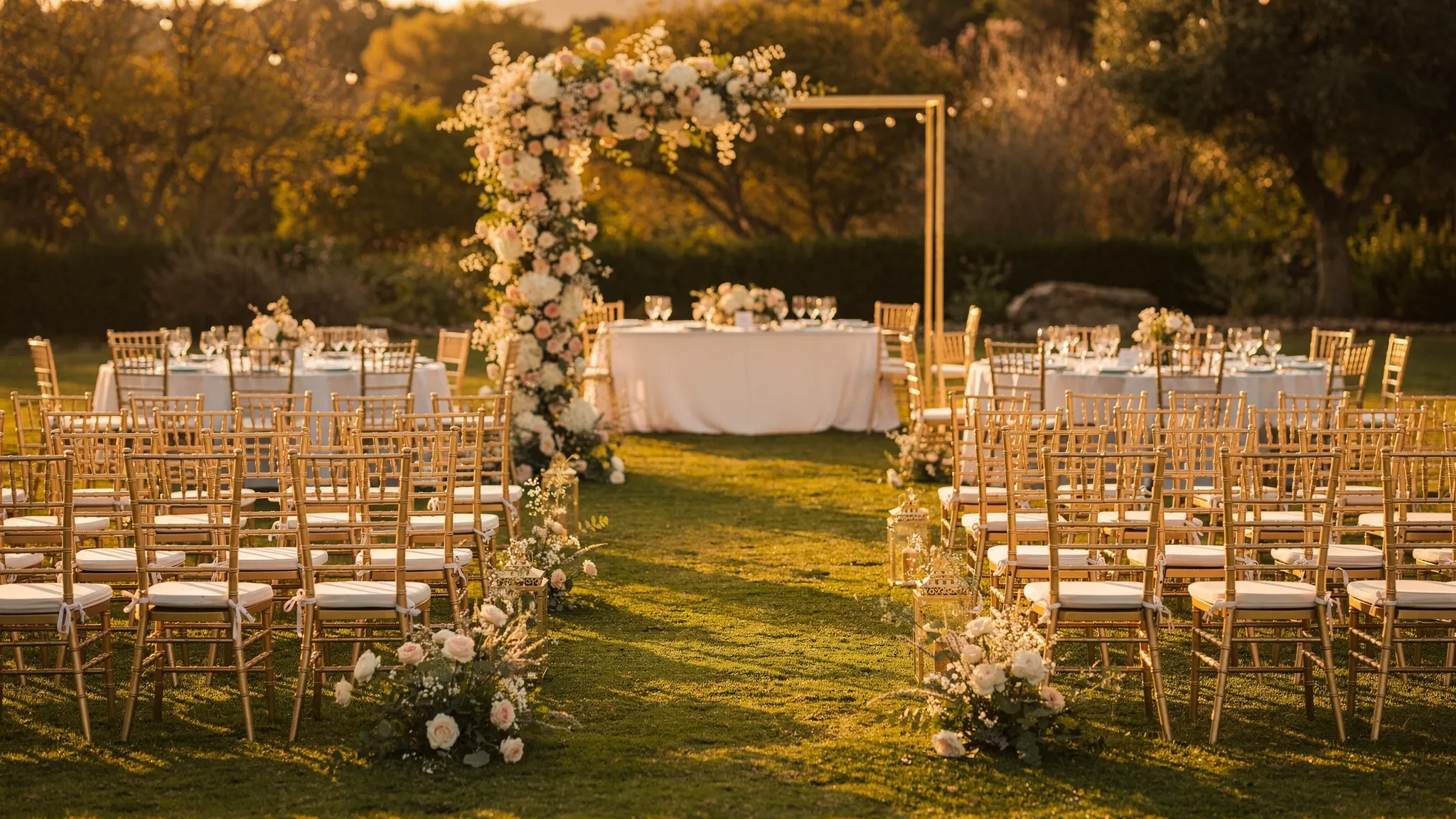 Locații evenimente București: ghid rapid pentru o alegere premium 3 Scenă de eveniment premium în aer liber: zonă de ceremonie cu arc floral discret, rânduri de scaune elegante, lumină caldă de apus și un spațiu de recepție în fundal, fără persoane.