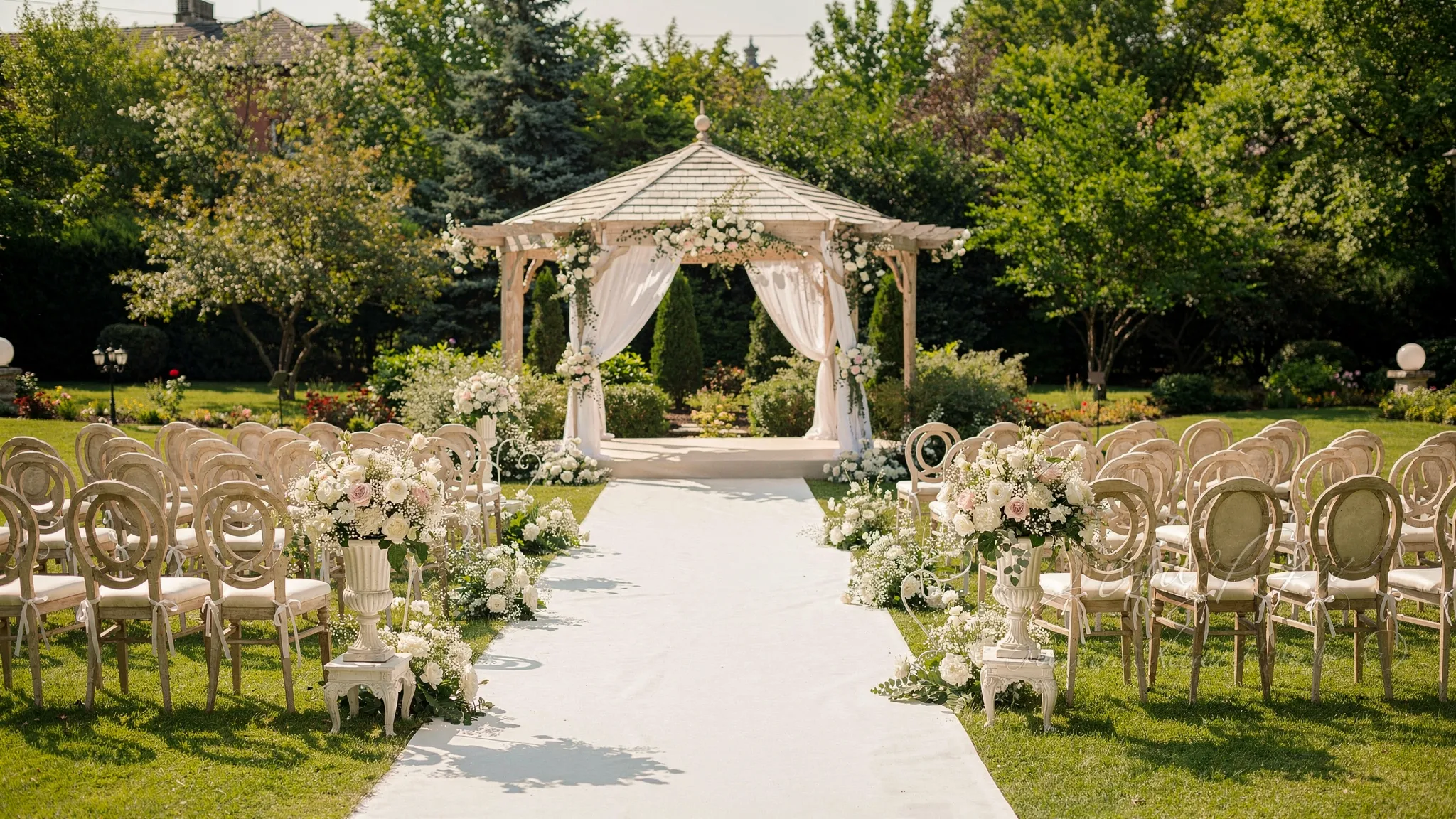 Nuntă în aer liber București: plan B elegant, fără stres 2 Un cadru de ceremonie de nuntă în aer liber, cu alee delimitată de aranjamente florale, scaune elegante pentru invitați și o zonă acoperită discret (pergolă sau pavilion) integrată estetic în decor, într-o locație verde din nordul Bucureștiului.