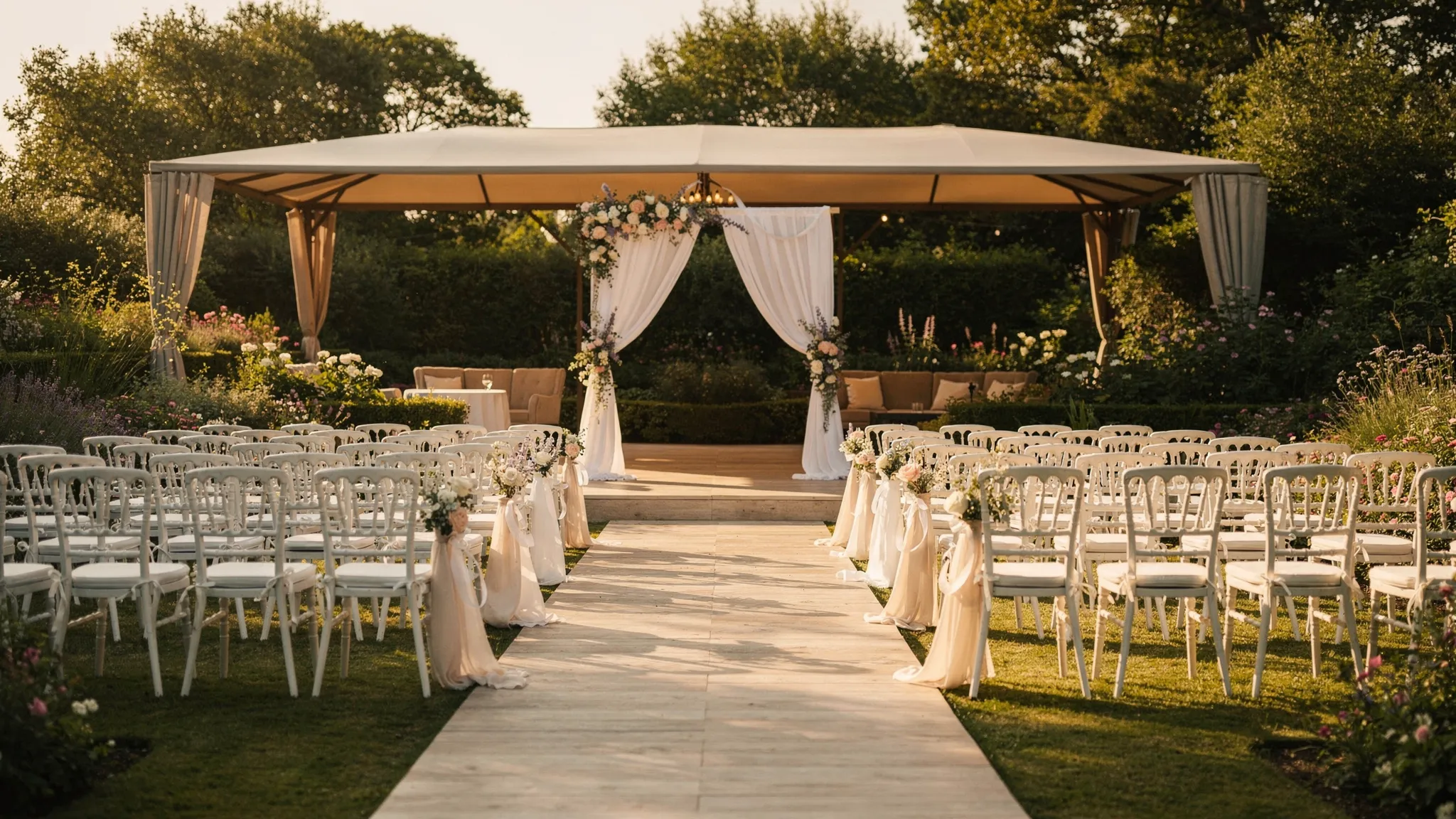 Un cadru outdoor pentru ceremonie de nuntă, cu alee, scaune aranjate simetric și un spațiu acoperit discret în fundal ca plan B, sugerând că locația are soluții pentru vreme fără să strice estetica evenimentului.