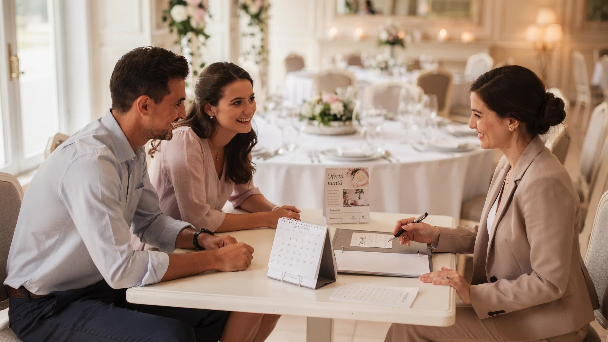 Local nuntă: 12 întrebări care îți salvează bugetul 2 Un cuplu discută cu un consultant de evenimente într-o locație de nuntă, având pe masă un dosar cu ofertă, un calendar și o listă de întrebări; în fundal se vede o sală elegantă pregătită pentru recepție.