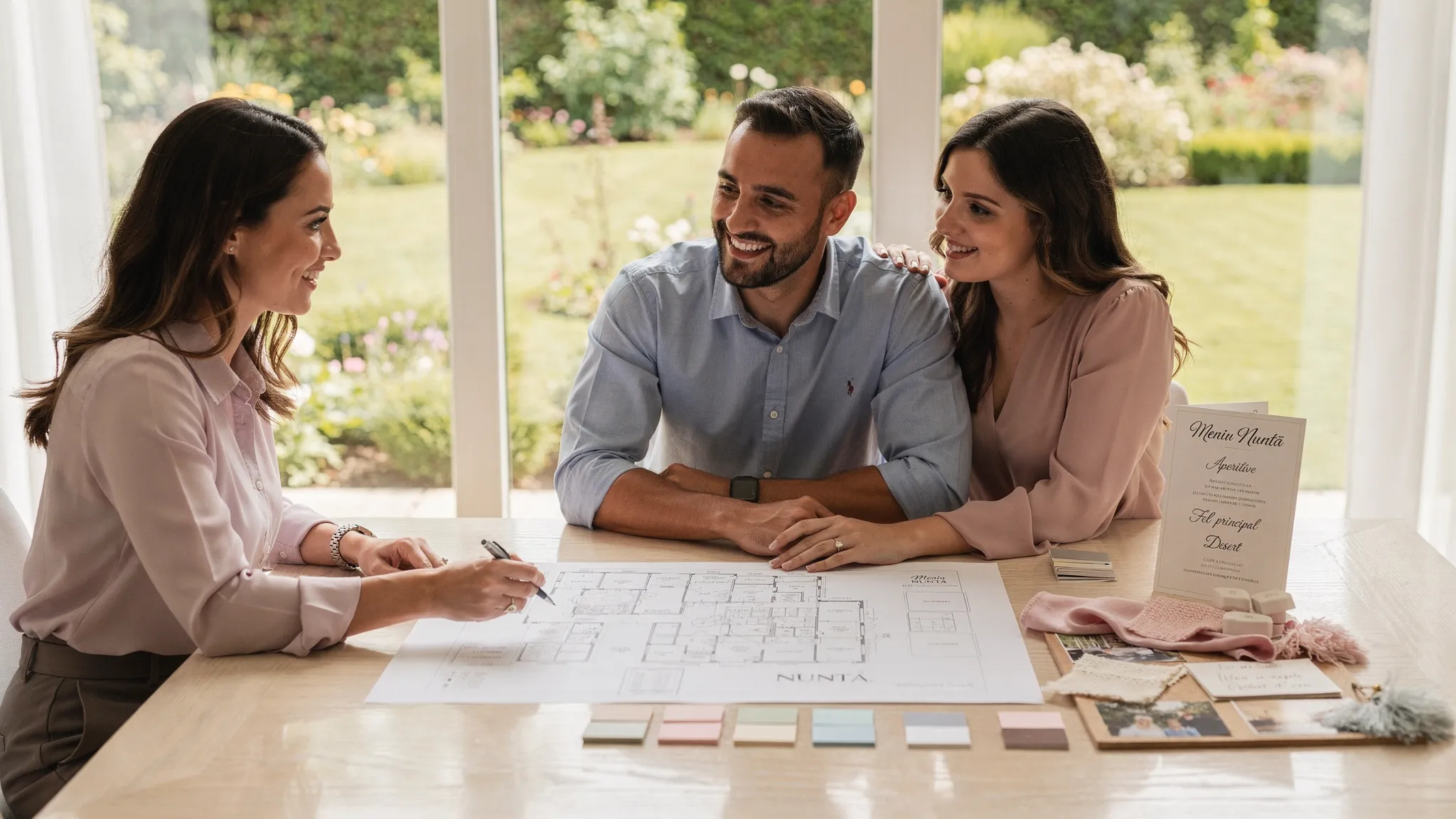 Jubile Events: cum decurge organizarea full-service, de la A la Z 2 Un cuplu și un consultant de evenimente discută un plan de sală pe o masă, lângă ferestre mari cu vedere spre o grădină, cu mostre de culori, meniu tipărit și un moodboard.