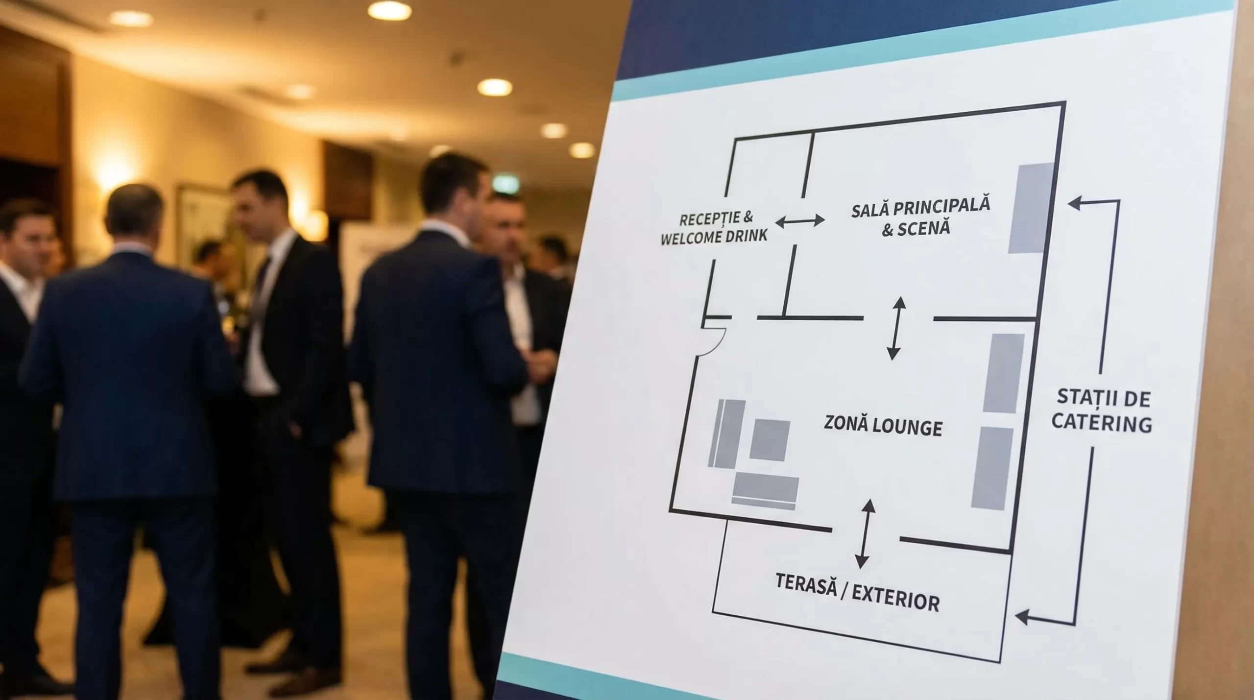 Evenimente corporate București: formate care impresionează 3 Un plan vizual simplu al zonelor unui eveniment corporate: recepție cu welcome drink, sală principală cu scenă, zonă lounge, stații de catering și acces către o terasă/exterior.