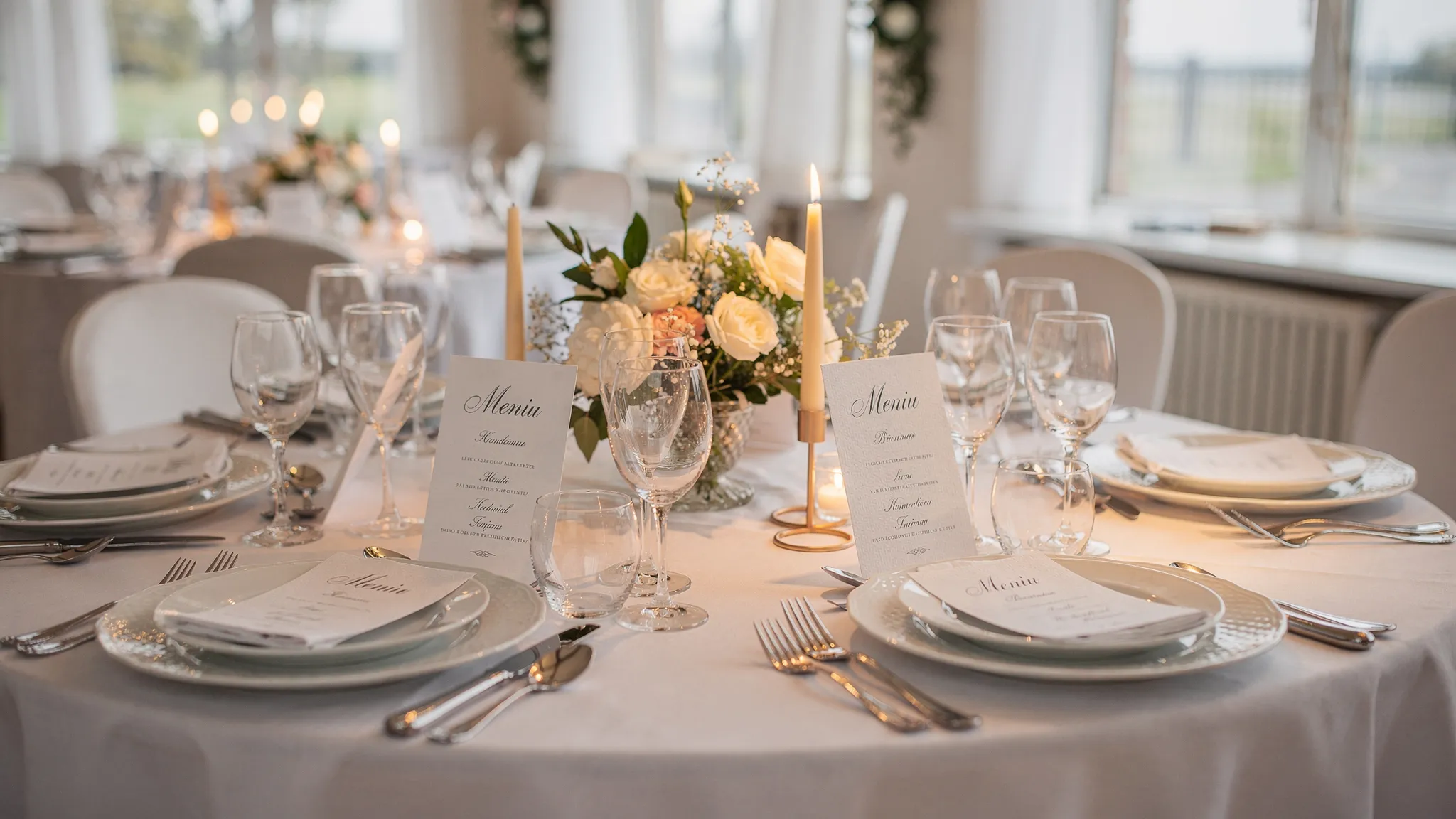 Meniu nuntă: cum alegi combinația perfectă pentru toate gusturile 2 Un setup elegant de masă la nuntă, cu farfurii pentru servire plated, card de meniu tipărit, aranjament floral minimalist și lumânări calde, într-o sală luminoasă pregătită pentru eveniment.
