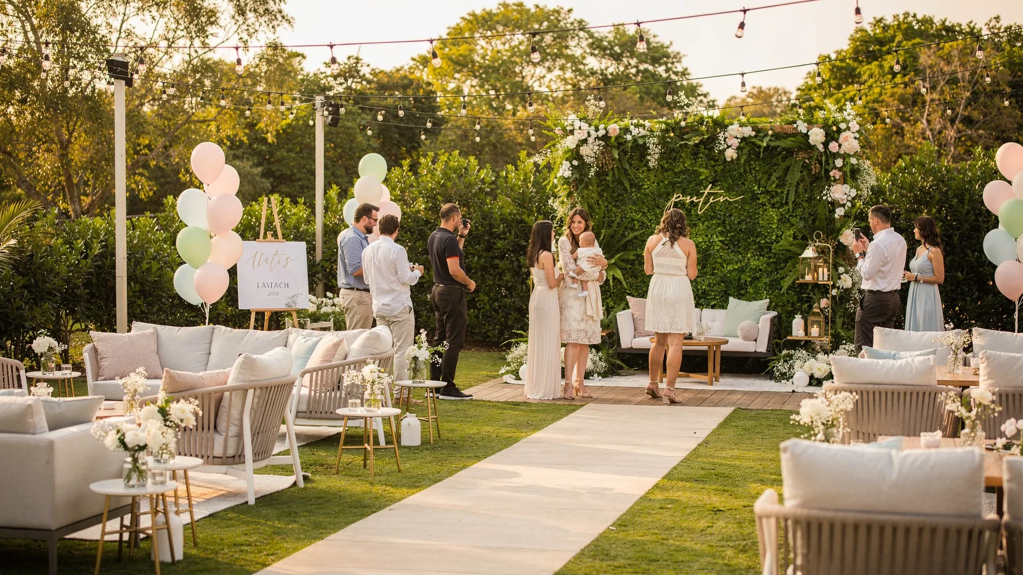 Local botez: 10 criterii ca să alegi fără compromisuri 3 Un spațiu outdoor pentru evenimente, cu alee verde, zonă de lounge, lumini ambientale, decor discret pentru botez și un colț foto în aer liber, potrivit pentru fotografii de familie.