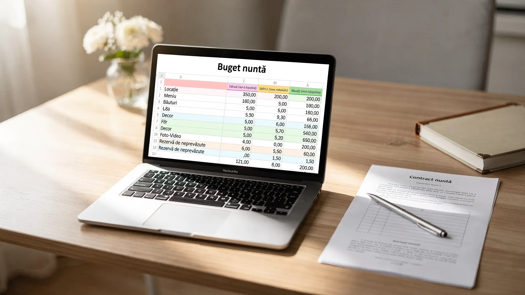 Local nuntă: 12 întrebări care îți salvează bugetul 3 Un tabel de buget pentru nuntă completat pe laptop, cu categorii precum locație, meniu, băuturi, decor, foto-video și rezervă de neprevăzute, lângă un contract și un pix.
