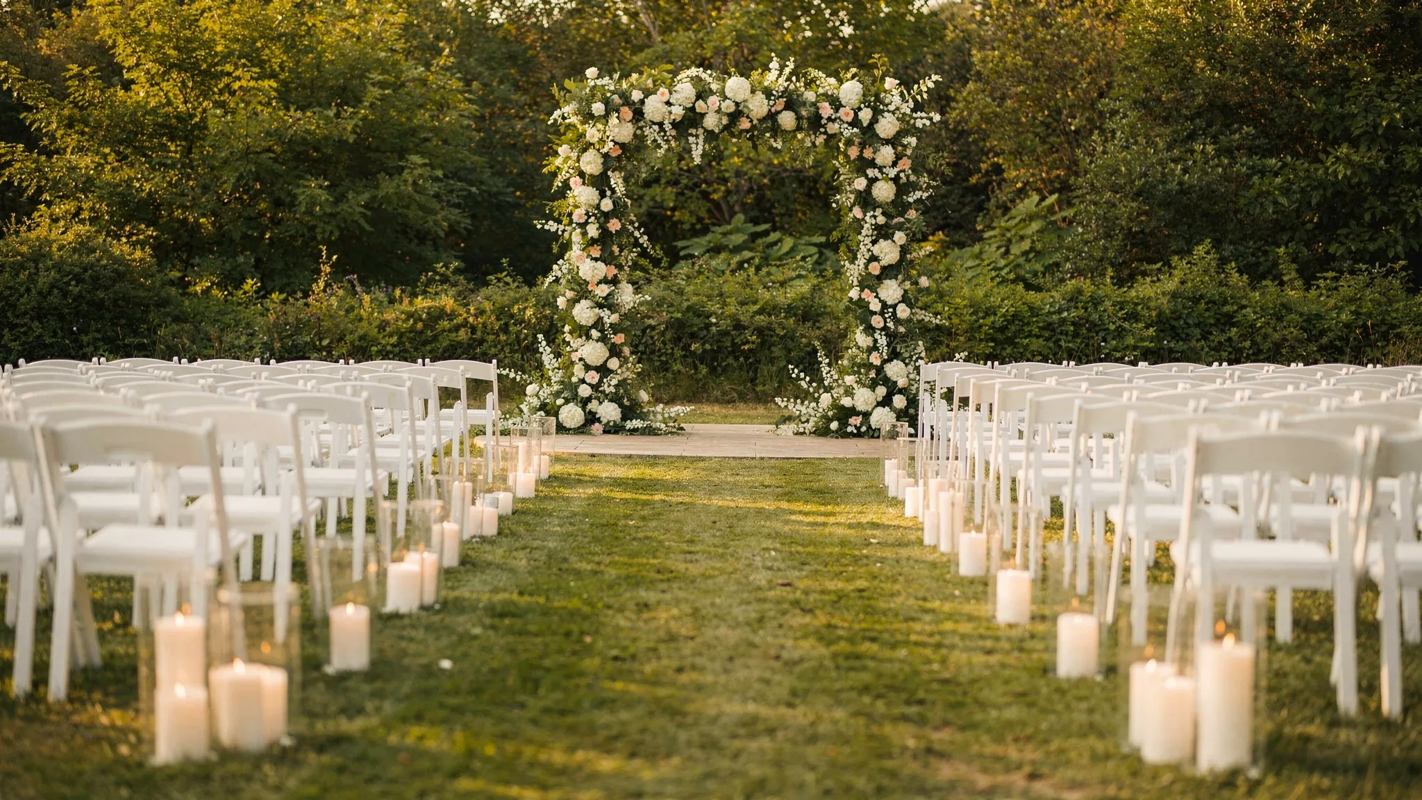 Jubile Concept fotografii: decoruri care arată bine în poze 2 Zonă de ceremonie elegantă cu arc floral și alee marcată de lumânări în suporturi de sticlă, scaune albe aranjate simetric și fundal verde natural; cadru gândit pentru fotografie, cu spațiu liber pentru fotograf.