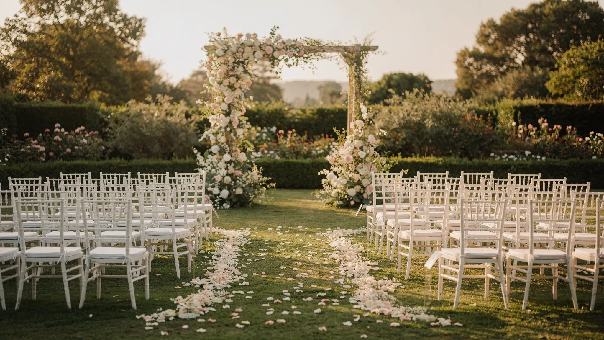 Ceremonie de cununie în aer liber într-o grădină elegantă, cu arc floral minimalist, scaune albe aliniate, alee cu petale discrete și fundal verde natural în lumină de după-amiază.