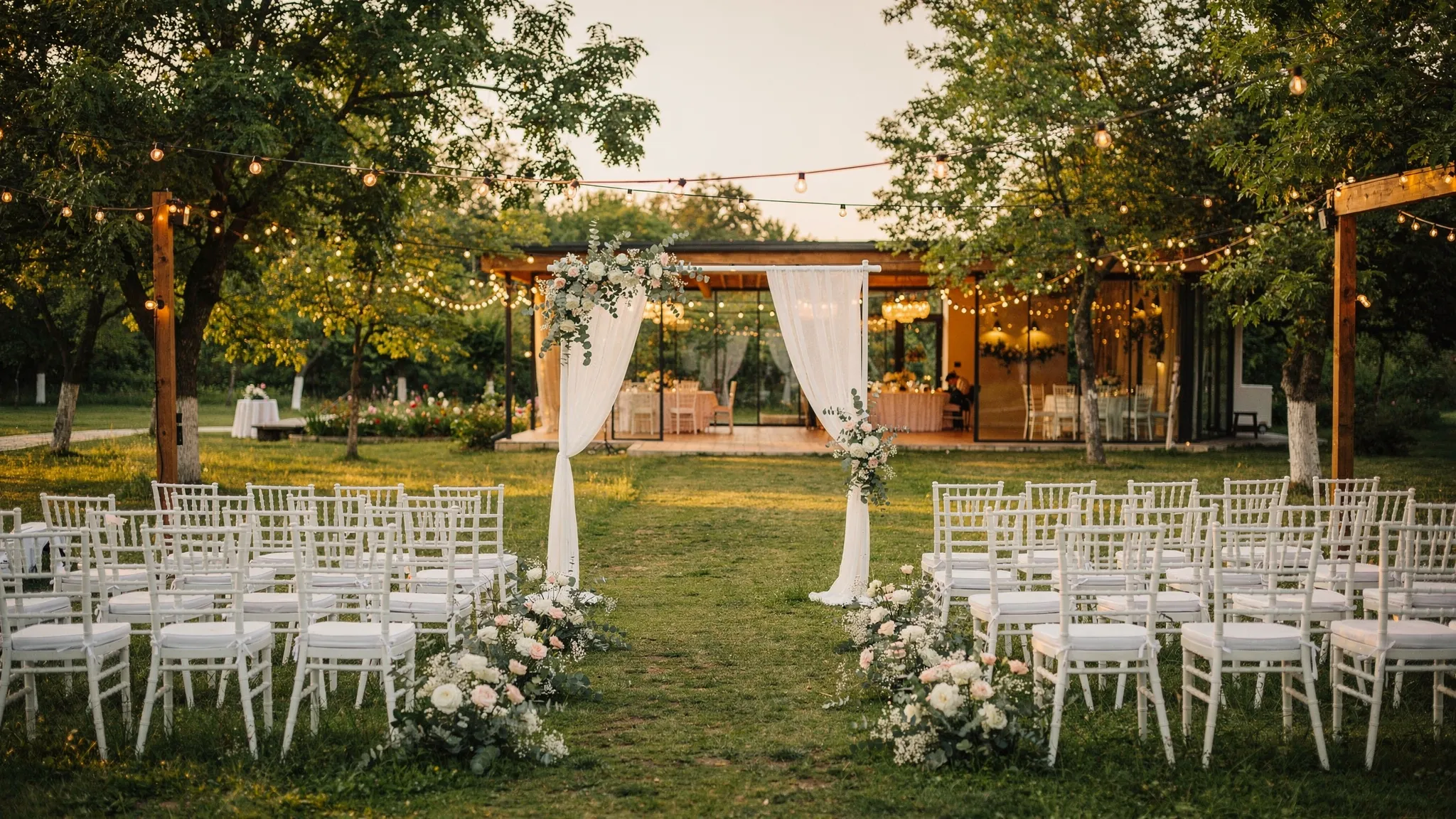 Locații nuntă lângă București: opțiuni premium în Ilfov 3 Ceremonie de nuntă în aer liber lângă București, într-un decor natural din Ilfov, cu arc floral minimalist, scaune albe așezate pe alee, lumini calde suspendate și un spațiu indoor elegant vizibil în fundal ca plan de rezervă.