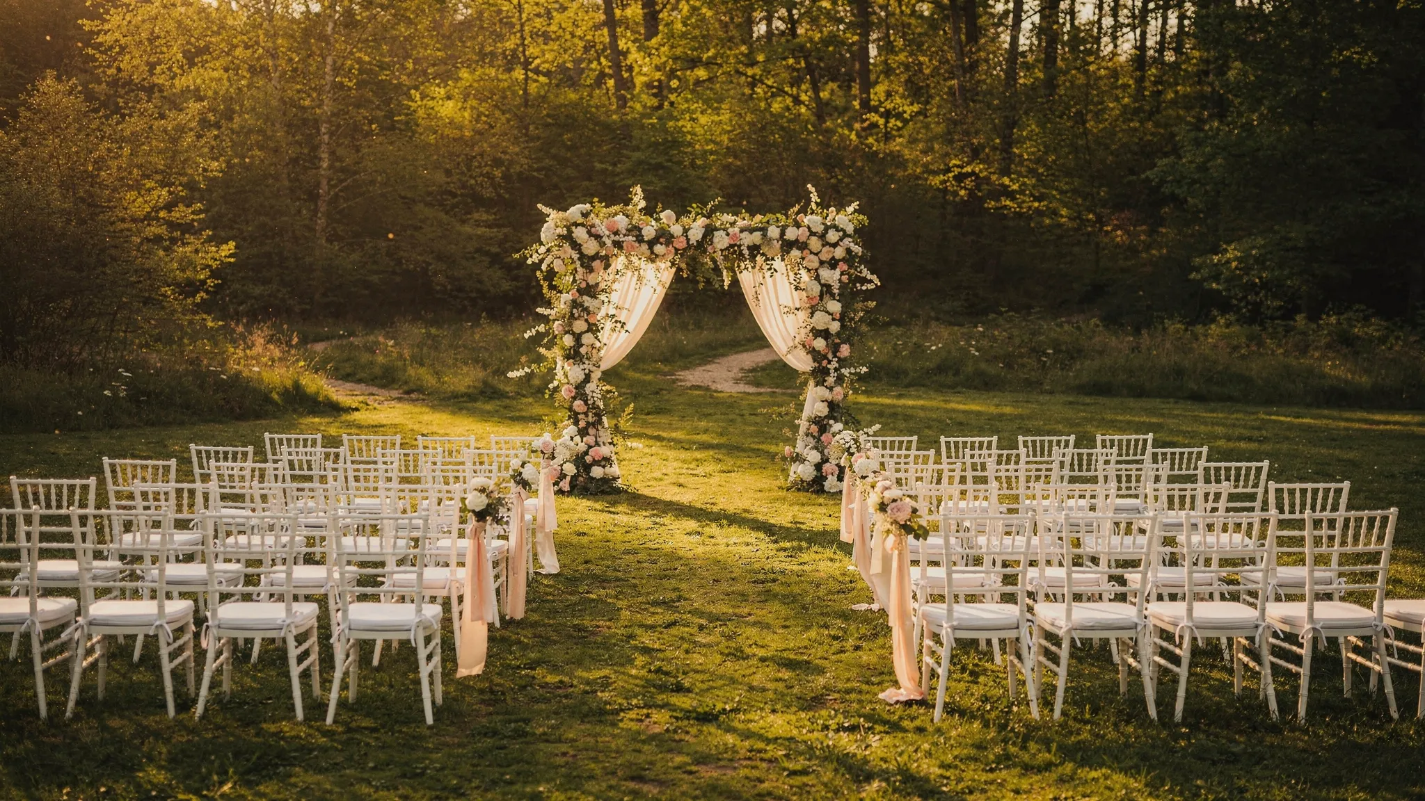 Nuntă în natură: checklist pentru o zi fără surprize 2 Ceremonie de nuntă în natură, cu arc floral și scaune aliniate pe iarbă, într-o poiană luminată cald la apus. În fundal se vede marginea unei păduri și un traseu de acces discret, iar decorul este stabilizat pentru vânt.