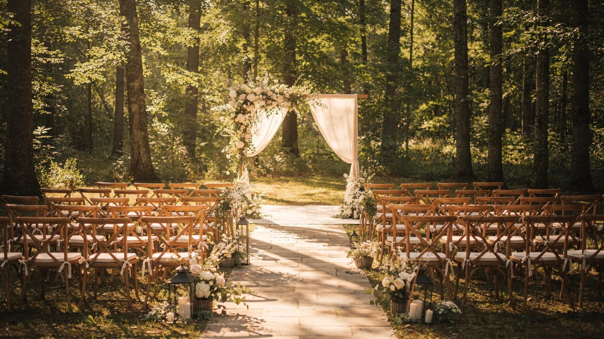 Ceremonie de nuntă într-o poiană, cu scaune aliniate pe o alee stabilă, arc floral minimalist în tonuri ivoire, și lumină caldă filtrată printre copaci.
